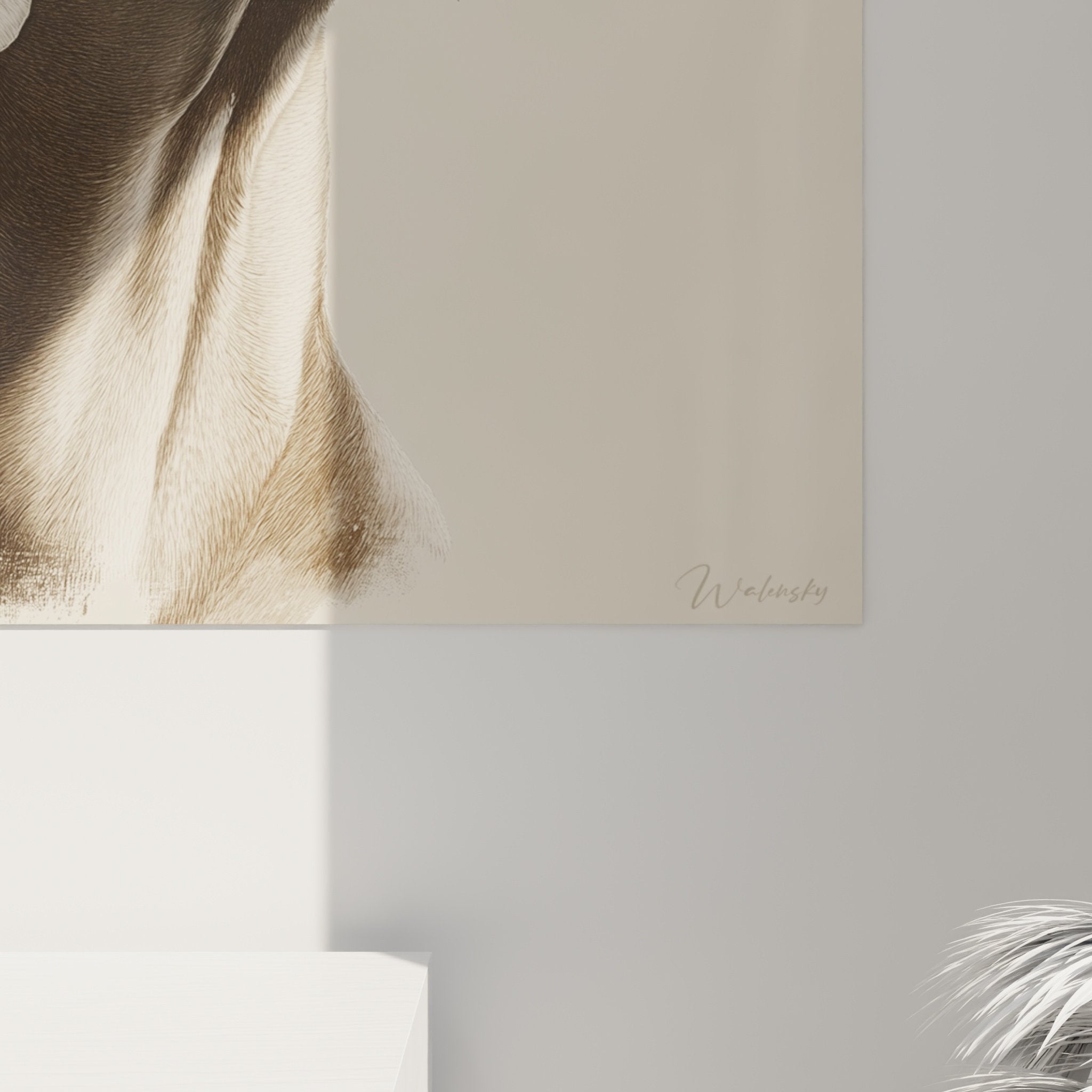 Vue d'ensemble du tableau portrait de chien contemplatif dans un intérieur moderne aux couleurs naturelles
