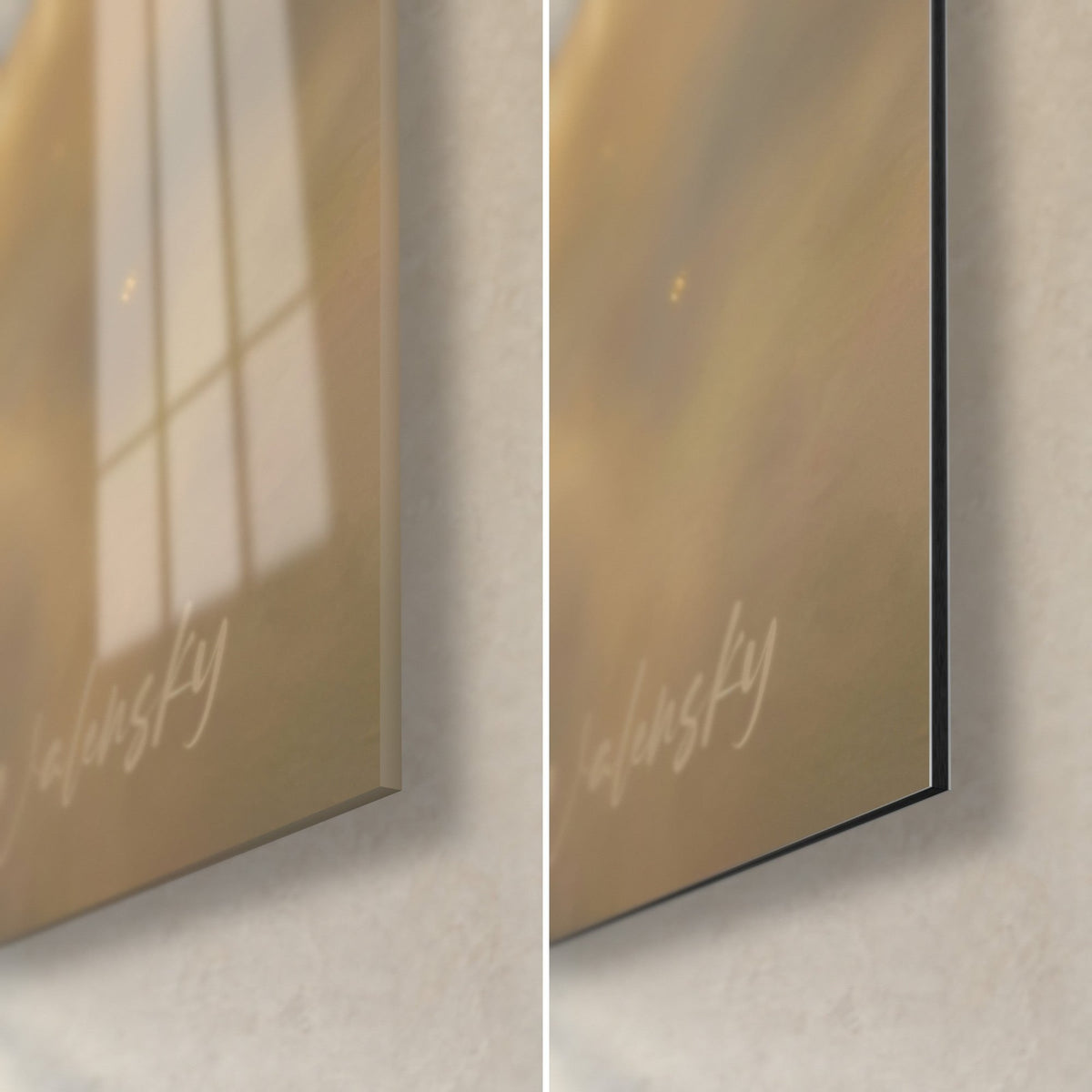 Wall art wingsuit acrobat over golden clouds, bottom right corner: glossy acrylic glass on the left, matte black Dibond on the right, 3 mm edge