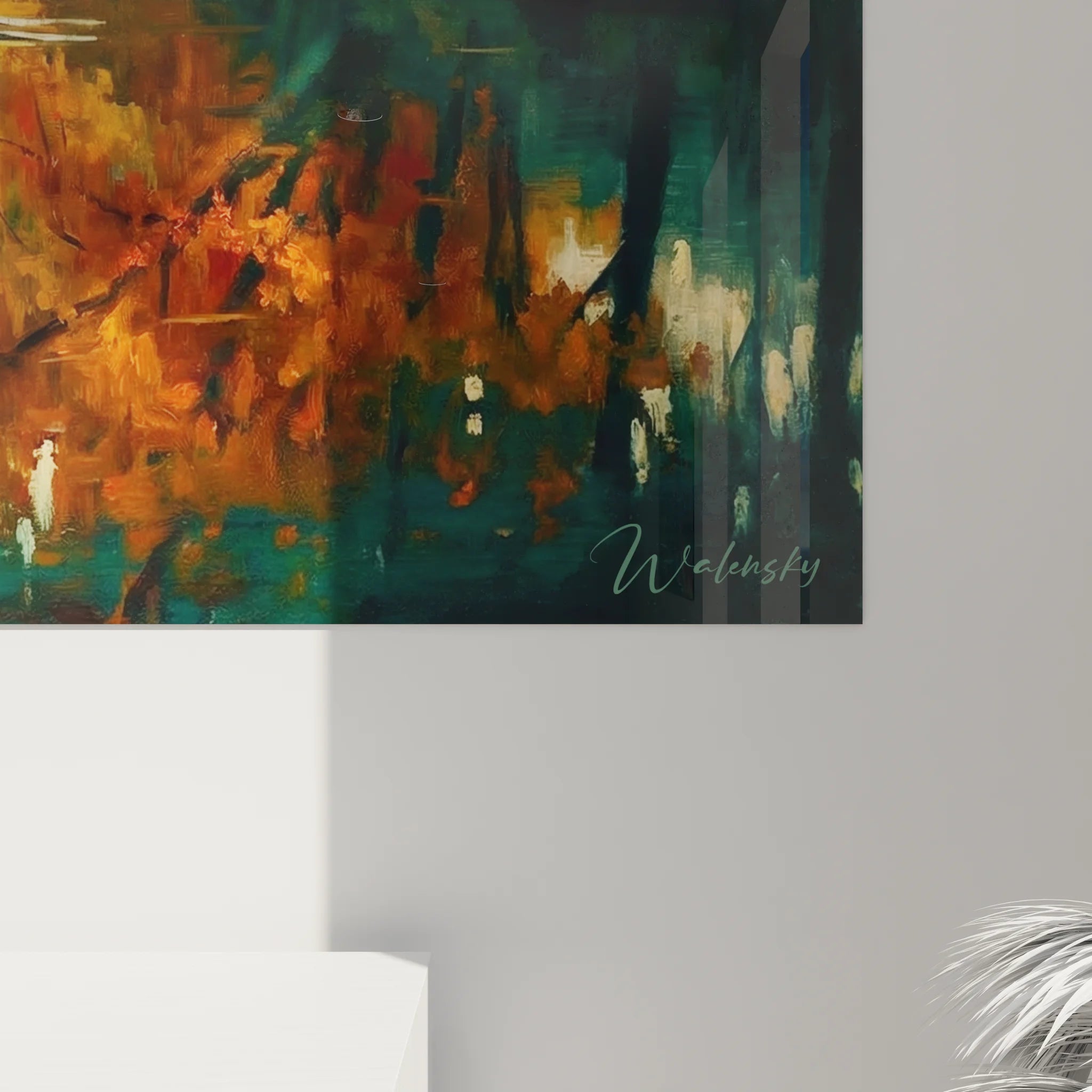 Vue ensemble tableau XXL aviron automne décorant salon avec paysage aquatique aux couleurs chaudes