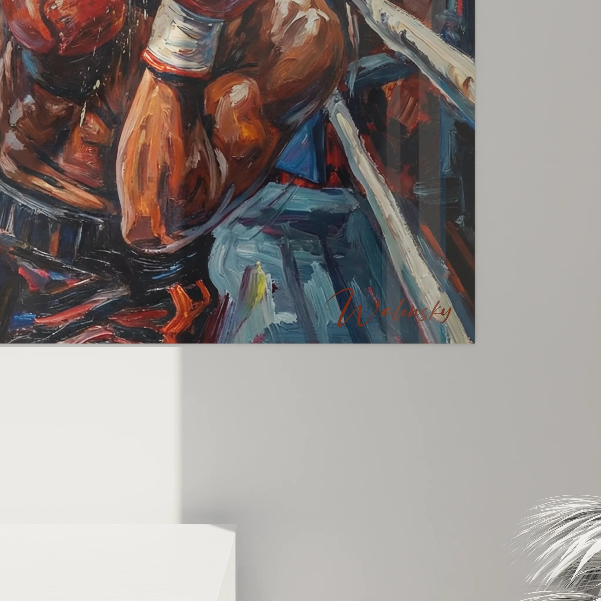 Vue ensemble tableau XXL boxe décorant salon avec scène combat épique