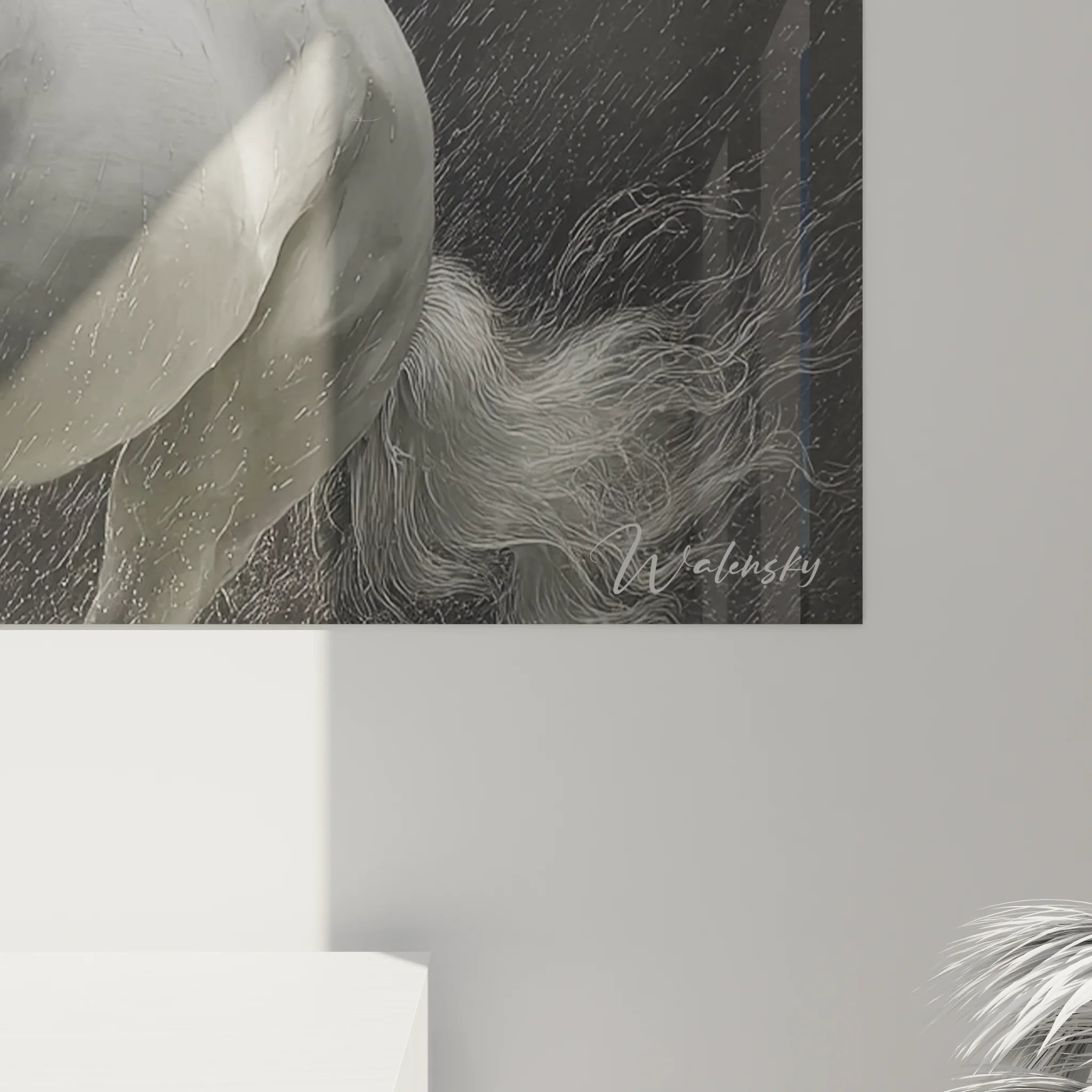 Vue ensemble tableau XXL cheval blanc cabré décoration équestre noir et blanc