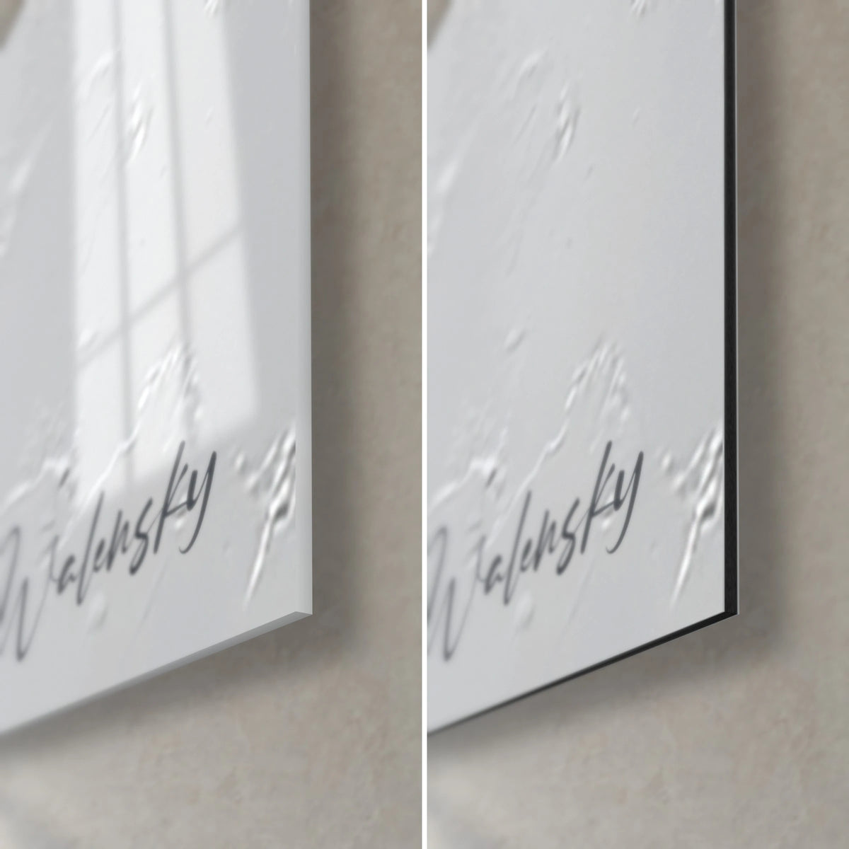 Gemälde weibliche Silhouette in Schwarz-Weiß-Relief, untere rechte Ecke: glänzendes Acrylglas links, mattes Dibond rechts