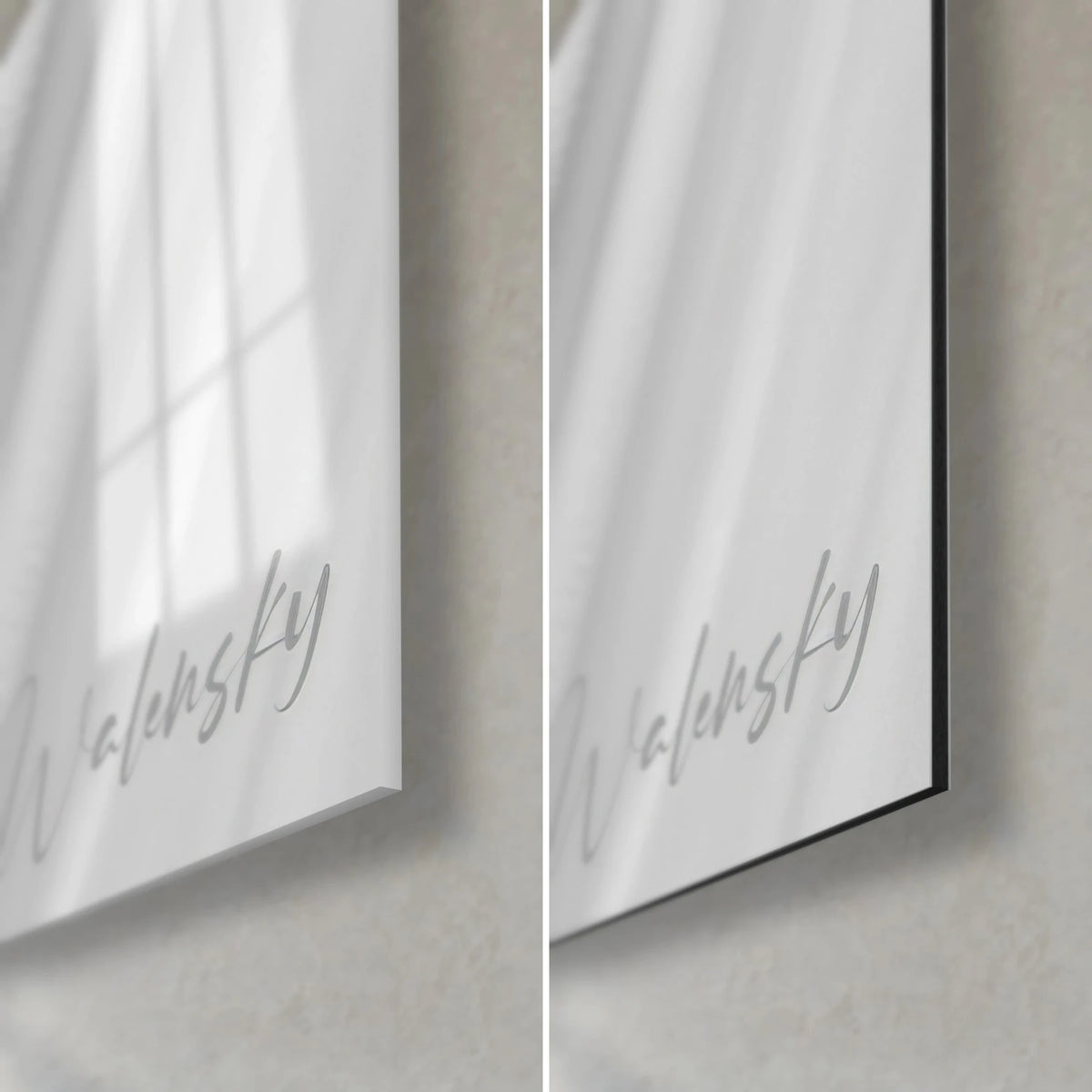 Quadro donna velata in bianco e nero, angolo in basso a destra: vetro lucido che riflette la finestra, Dibond grigio opaco, bordo nero