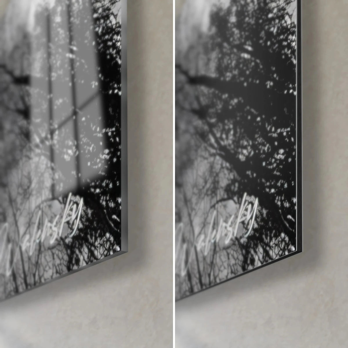 Tableau arbres nus en noir et blanc, coin bas droit : verre brillant à reflets, Dibond gris mat et tranche fine