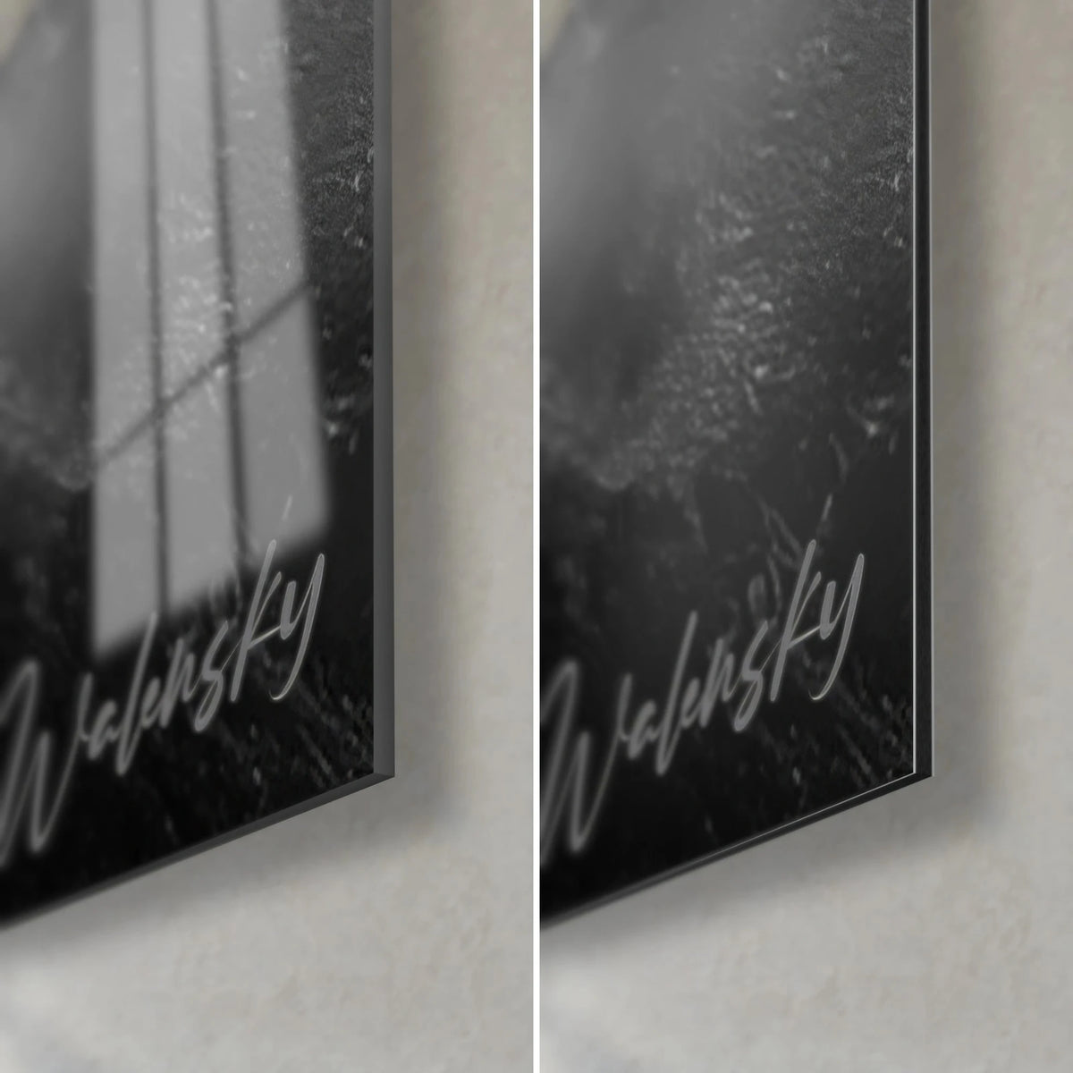 Schilderij besneeuwde top in zwart-wit, rechterhoek onder: glanzend acrylglas met reflecties, mat grijs Dibond, rand van 3 mm