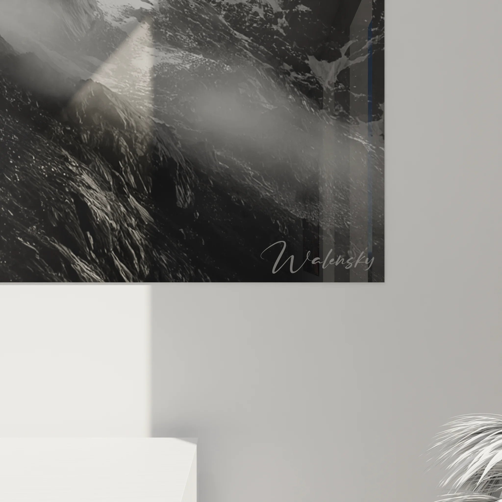 Vue ensemble tableau XXL montagne noir blanc - décoration murale salon style moderne