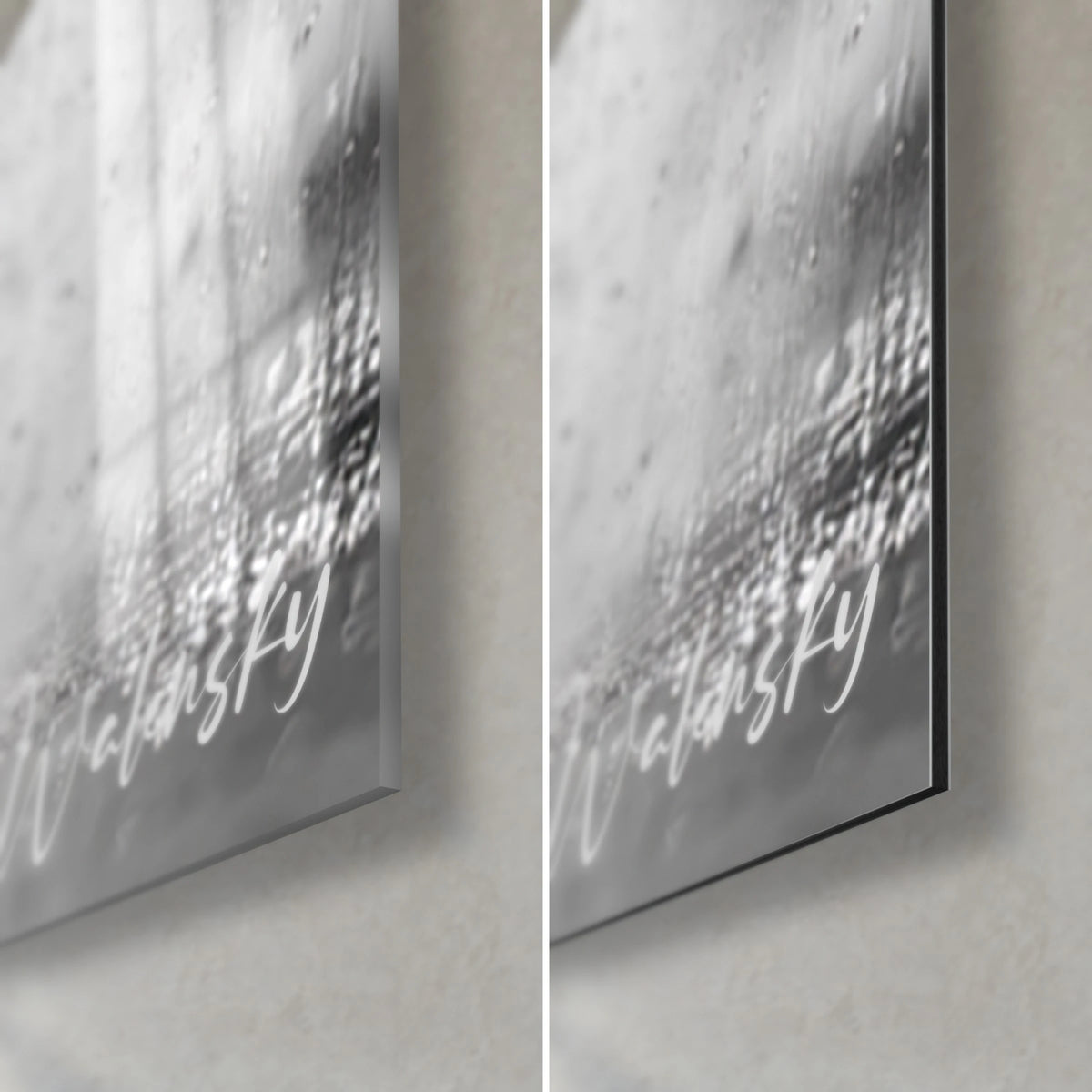 Wall art of a superbike in black and white, bottom right corner: glossy acrylic glass on the left, matte Dibond aluminium on the right, 3 mm edge