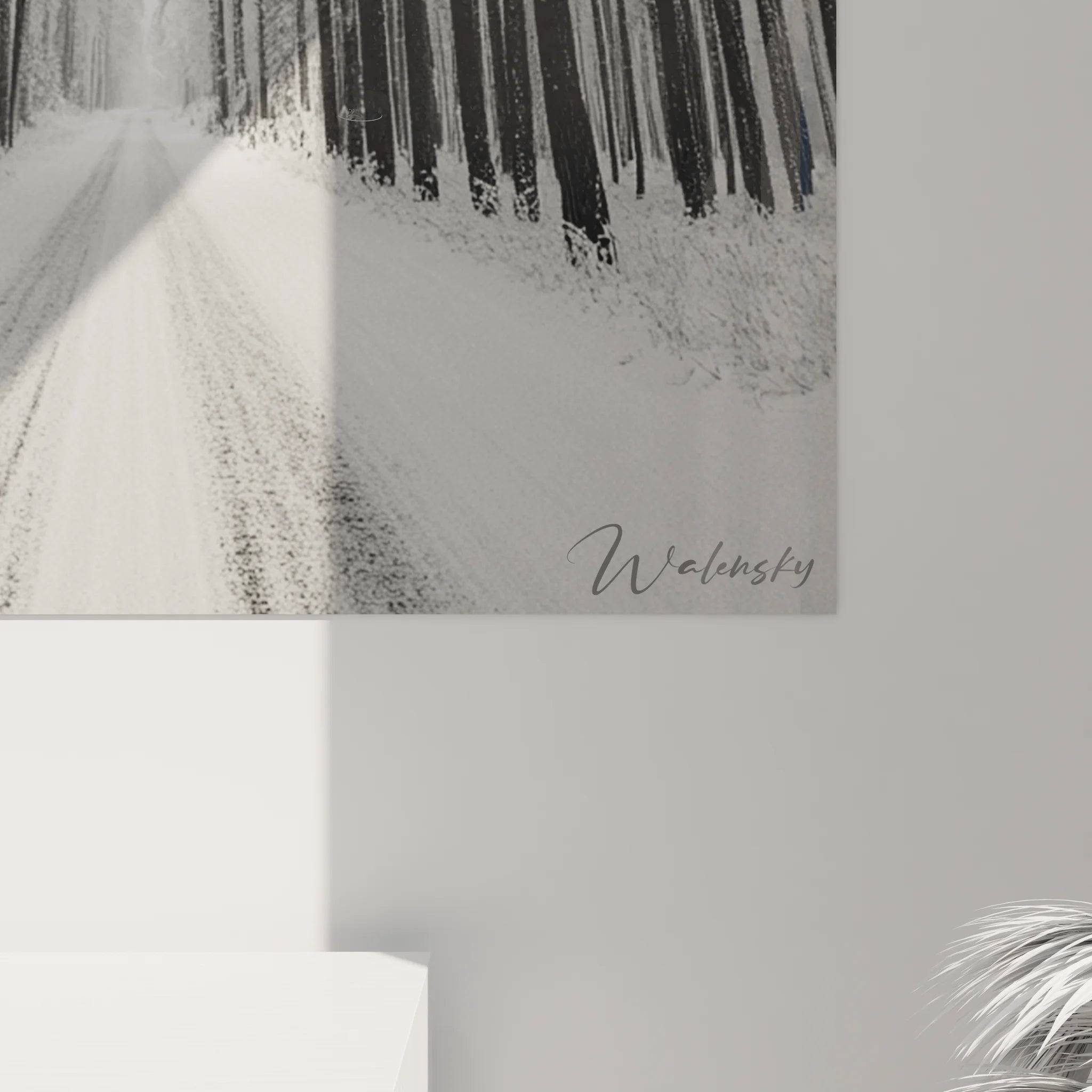 Vue ensemble tableau XXL paysage forestier hiver noir blanc décoration intérieure moderne élégante