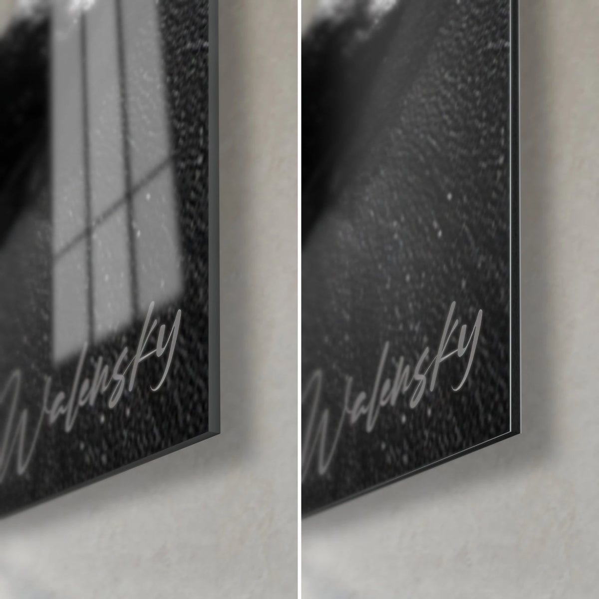 Tableau plage sauvage en noir et blanc, coin bas droit : verre brillant à gauche, Dibond gris mat à droite, tranche de 3 mm