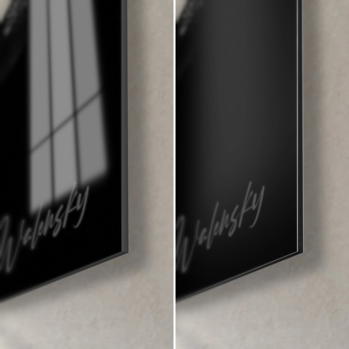 Wall art athlete with taped hands, bottom right corner: glossy black acrylic glass reflecting a window, matte grey Dibond, 3 mm edge