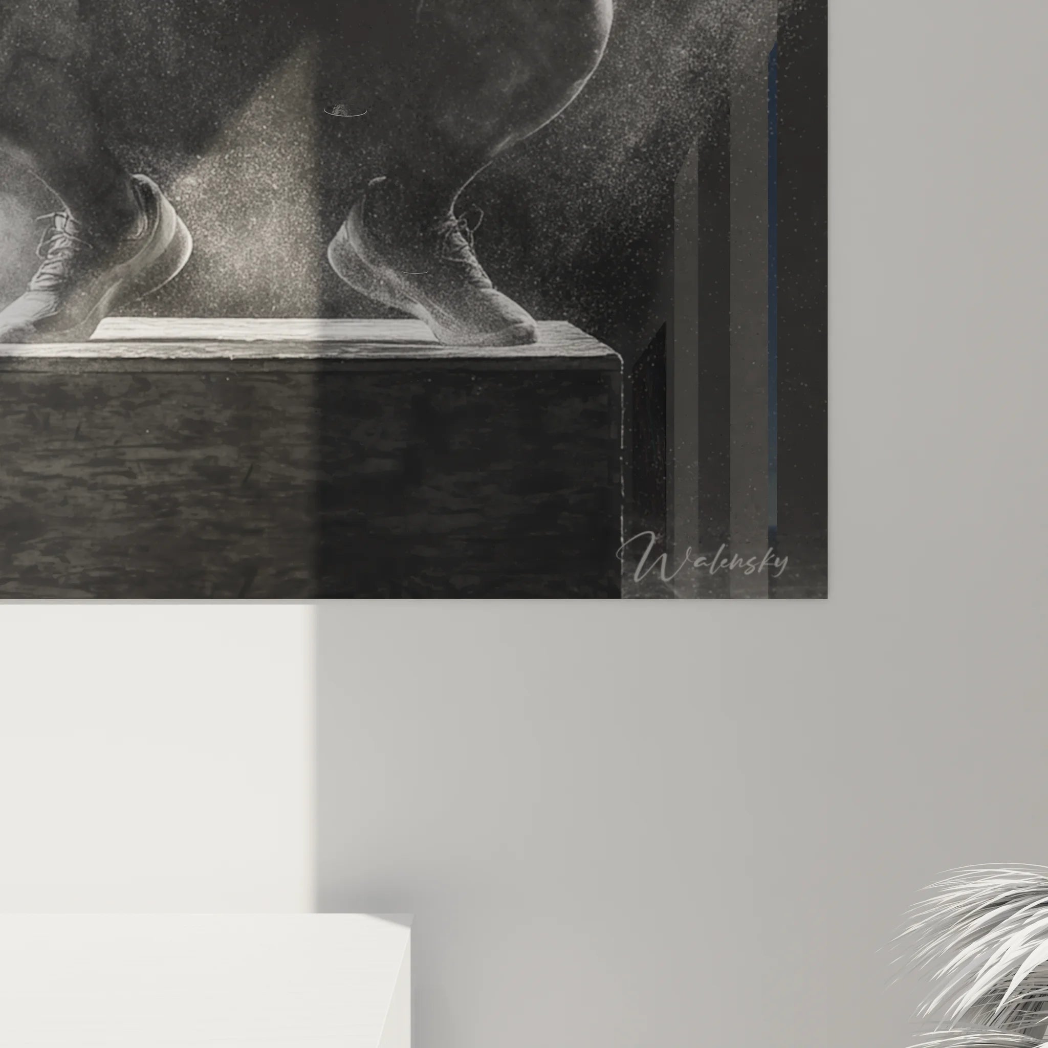 Vue ensemble tableau XXL athlète crossfit squat box jump noir et blanc décoration fitness