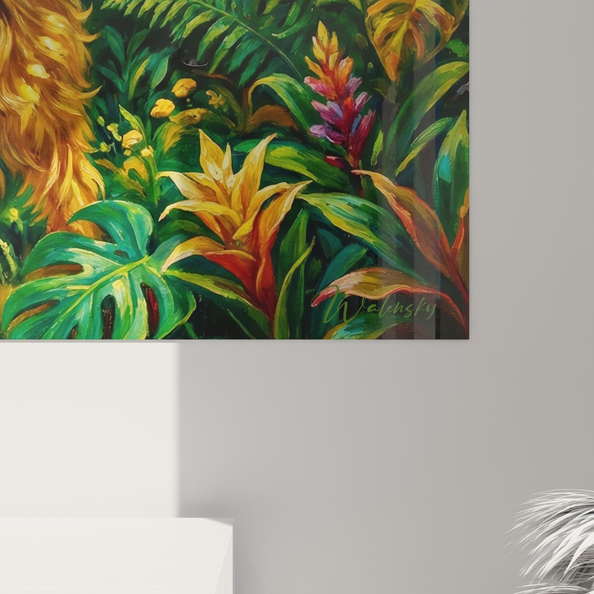 Vue ensemble tableau mural Yorkshire Terrier jungle exotique decoration interieur moderne