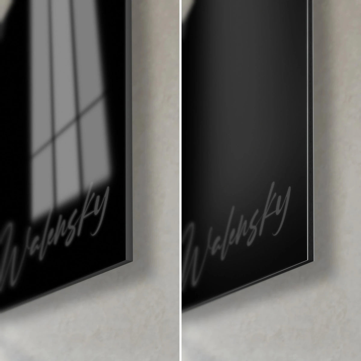 Wall art zebra with ebony and ivory stripes, bottom right corner: glossy acrylic glass on the left, matte Dibond aluminium on the right, 3 mm edge