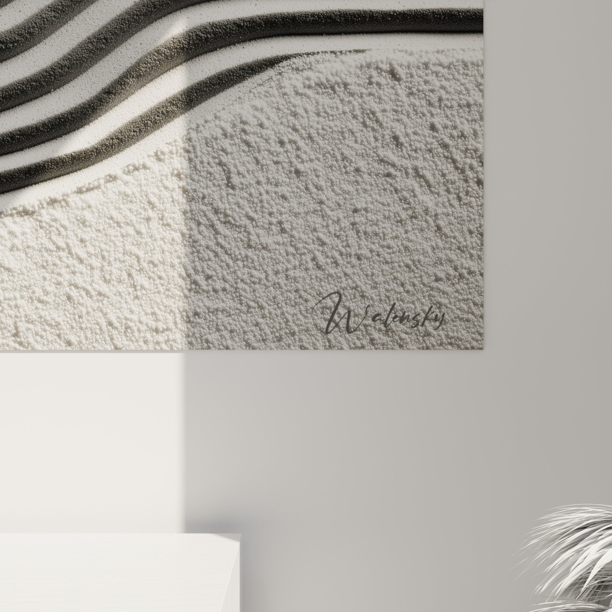 zen black and white pebble ripples sand wall art minimalist style full view
