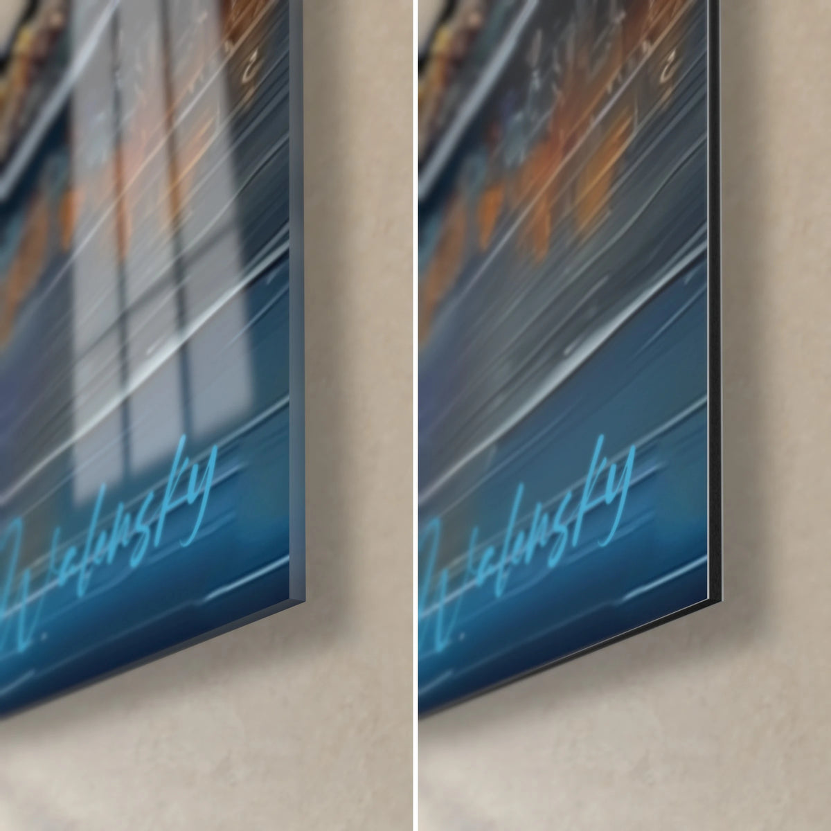 Wall art armored animal with midnight blue scales, 3 mm thickness, glossy glass and matte Dibond, bottom right corner