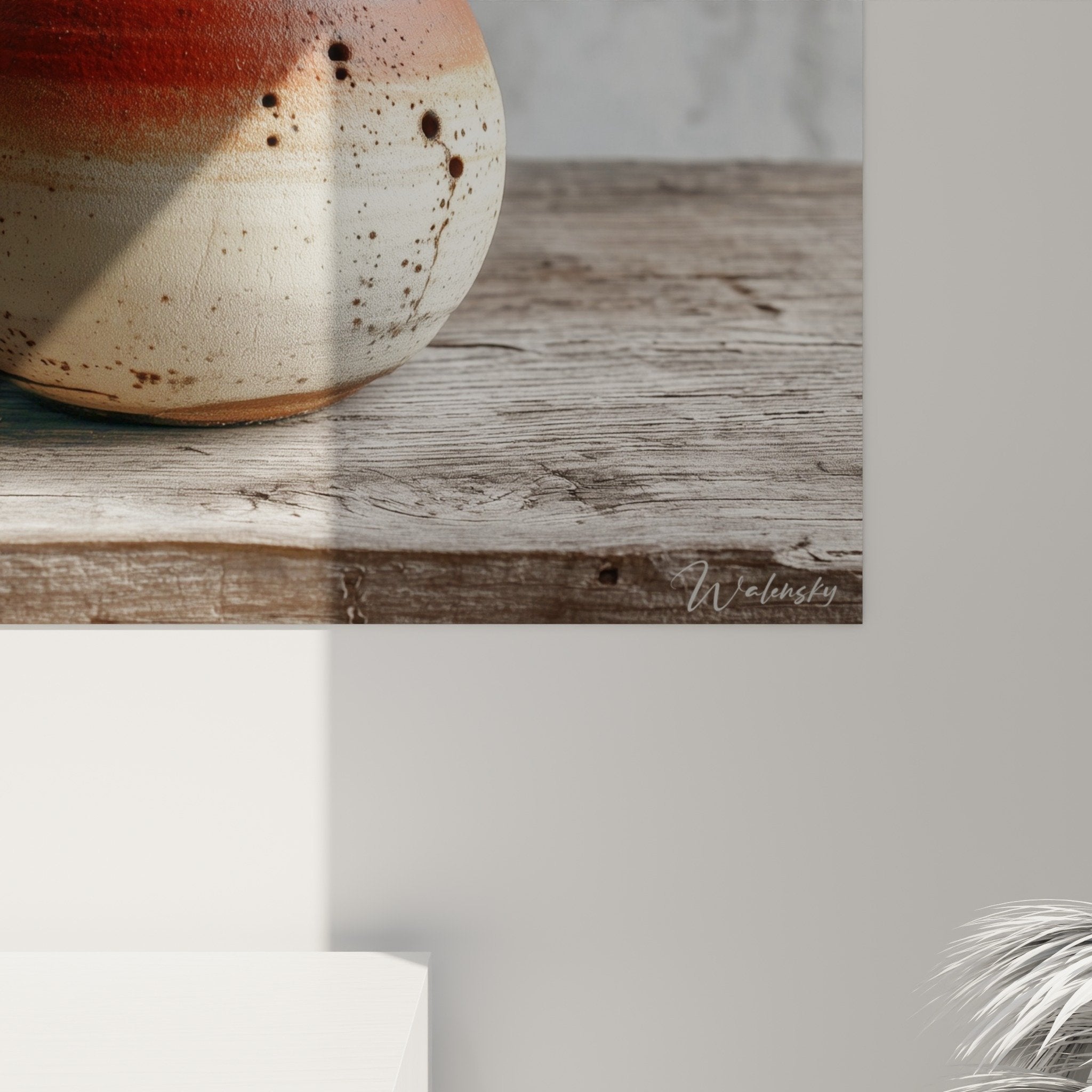 Overview of copper Japanese teapot wall art on raw wood with marbled grey background zen decor