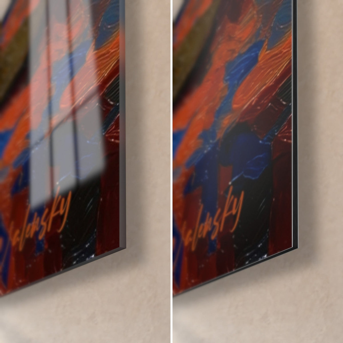 Wall art turquoise teacups, bottom-right corner: glossy acrylic glass on the left, matte Dibond aluminium on the right, orange signature