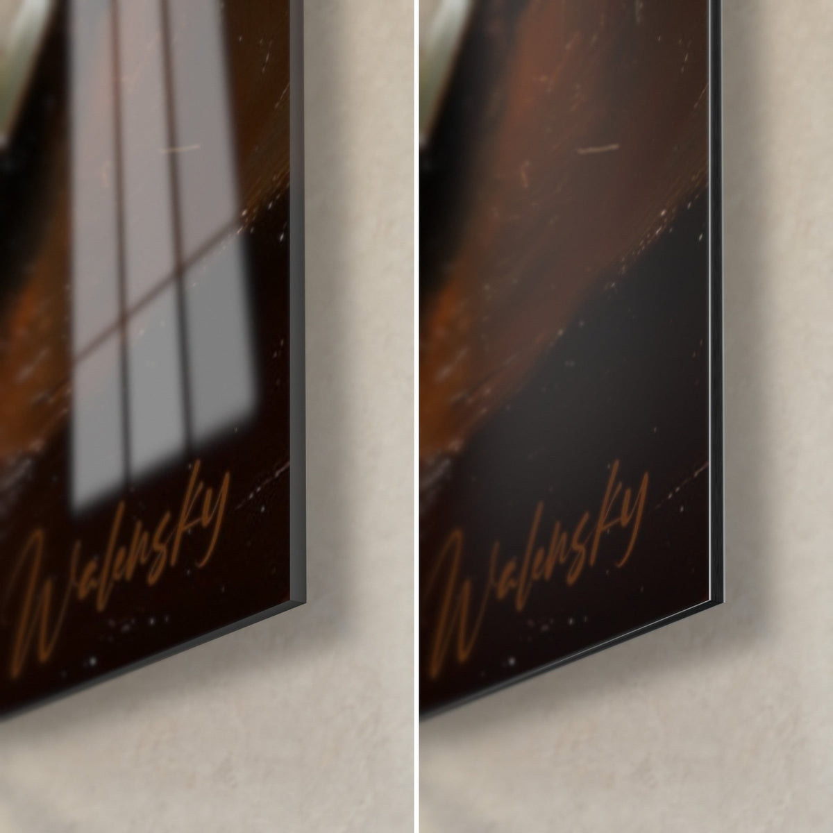 Gemälde Teeservice in Weiß und Gold, untere rechte Ecke: glänzendes Acrylglas links, mattschwarzes Dibond-Aluminium rechts