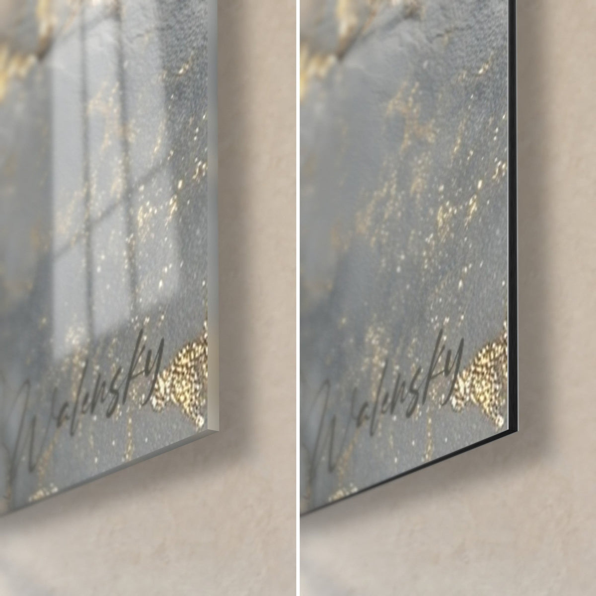 Wall art of a tiger with white whiskers, bottom right corner: glossy acrylic glass on the left, matte black Dibond aluminum on the right, Walensky signature