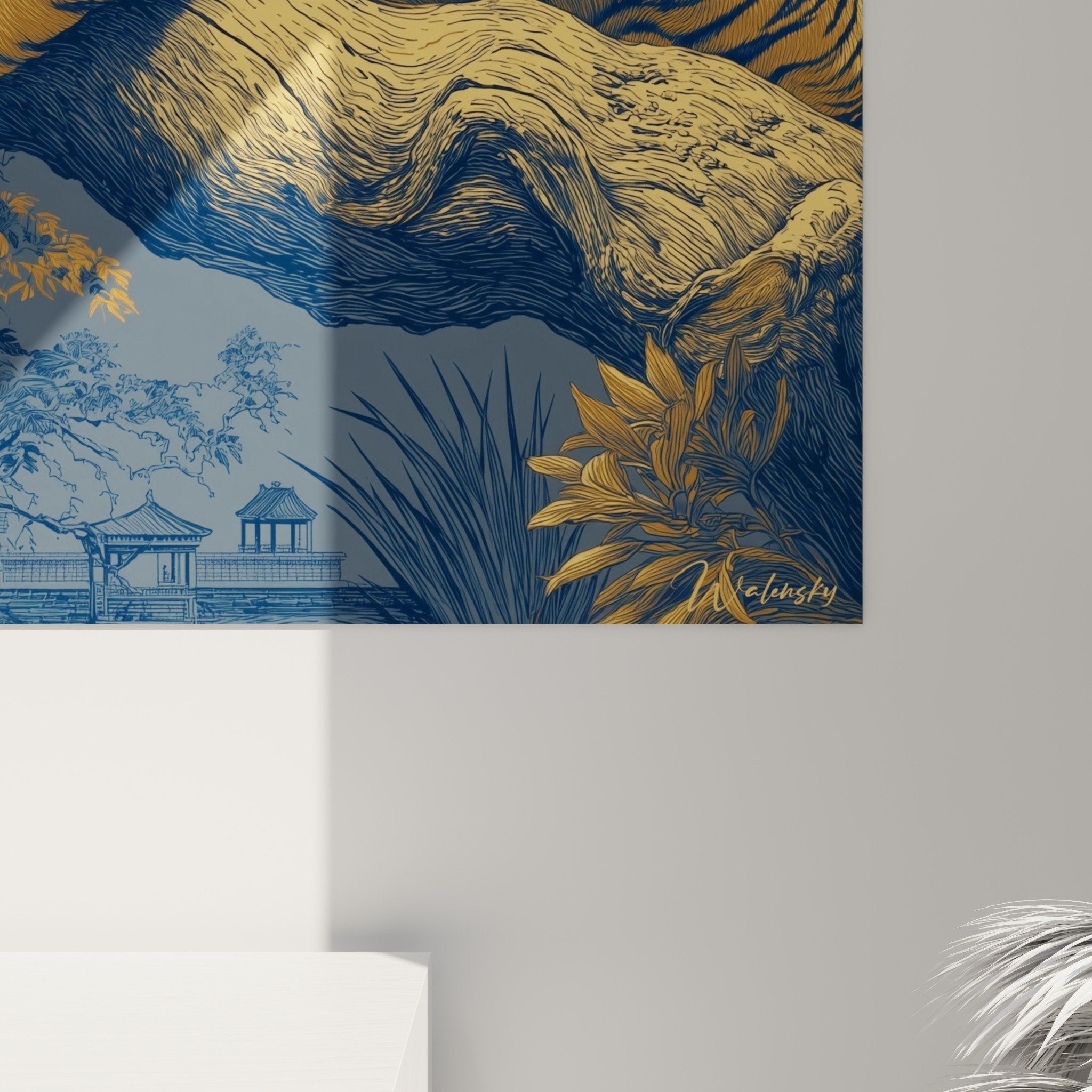Übersicht Tigerbild auf Ast blauem Hintergrund elegante orientalische Dekoration zeitgenössisches Interieur