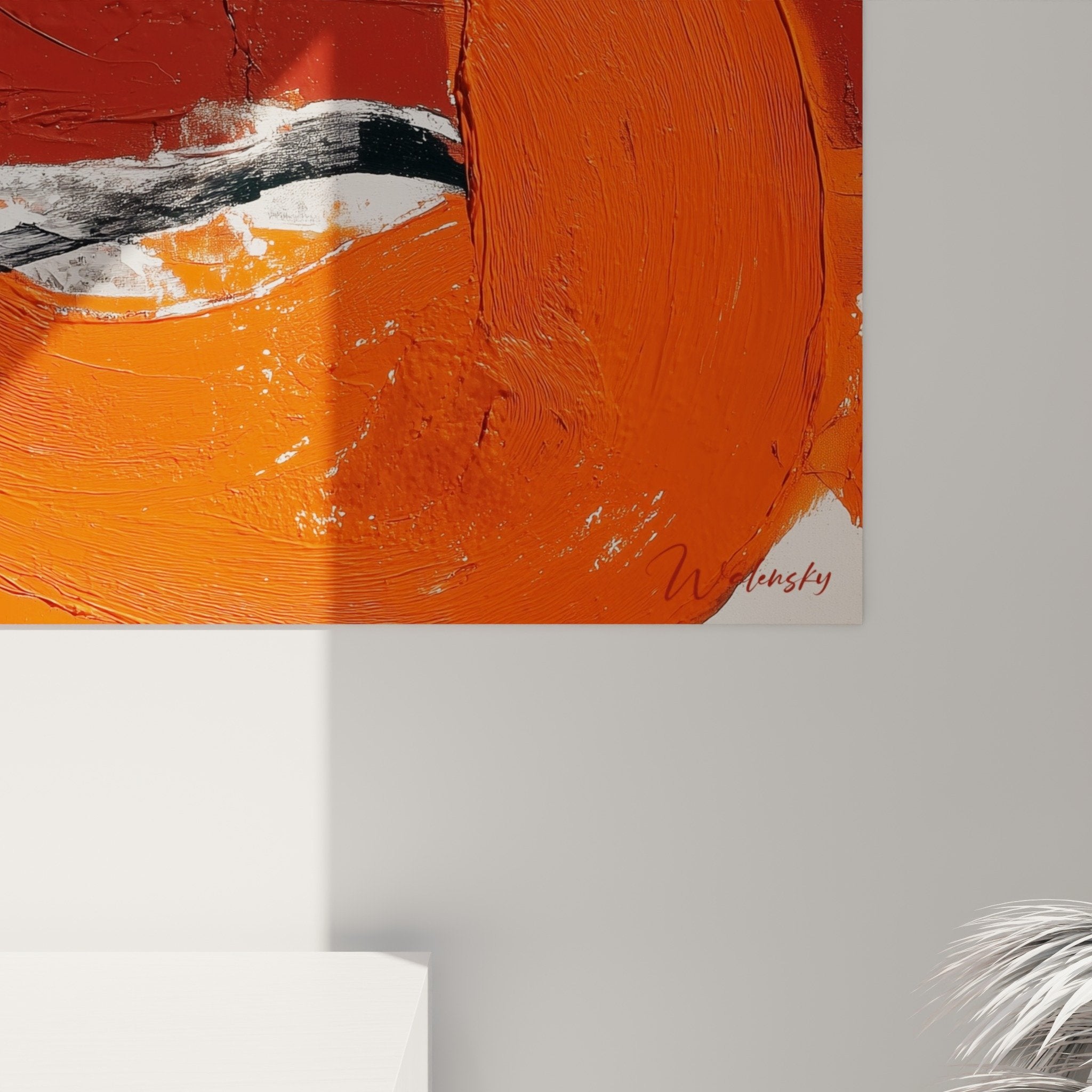Vue d'ensemble toile abstraite orange noir, format horizontal composition organique feng shui sud feu