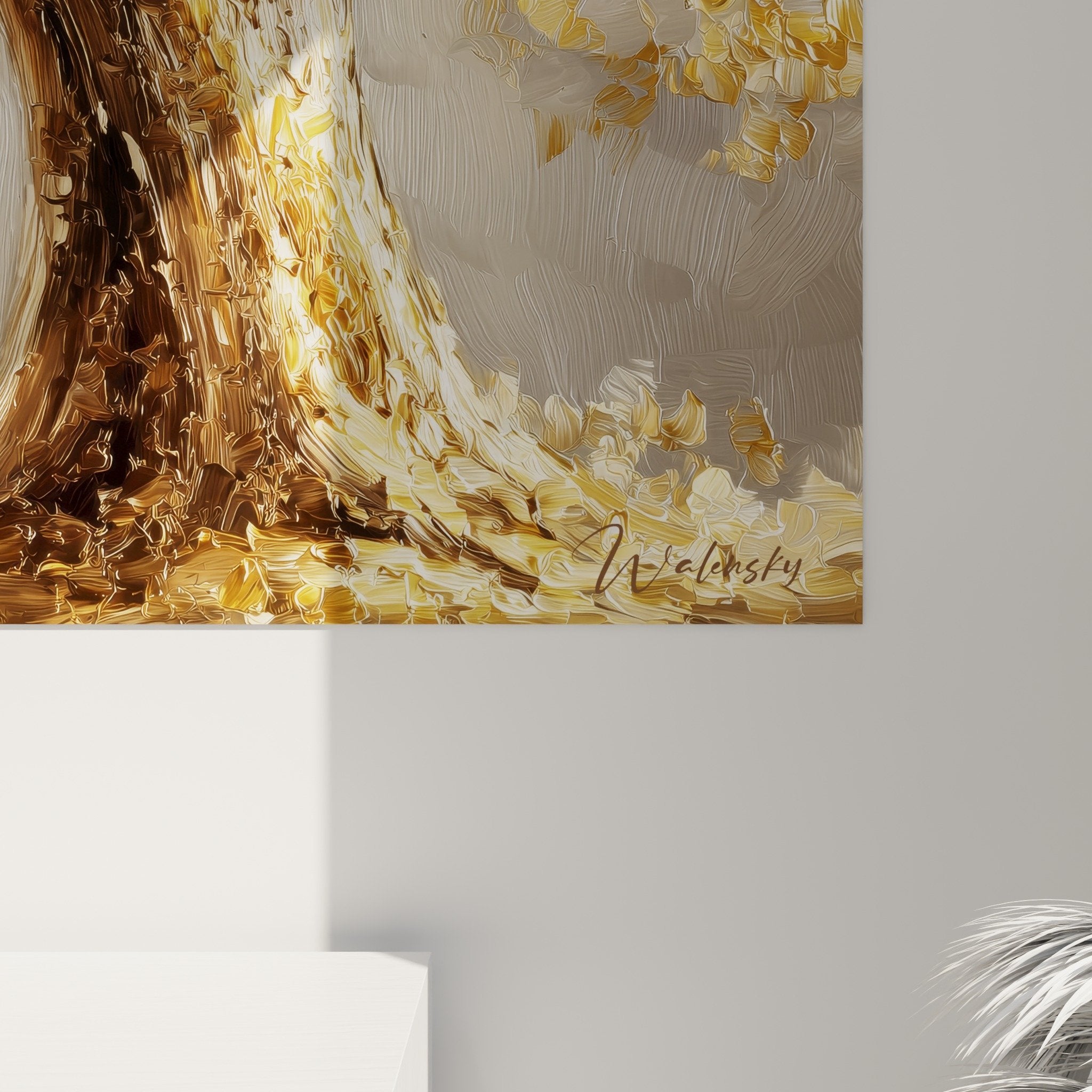 Vue d'ensemble toile arbre automne doré, format horizontal pour décoration murale salon