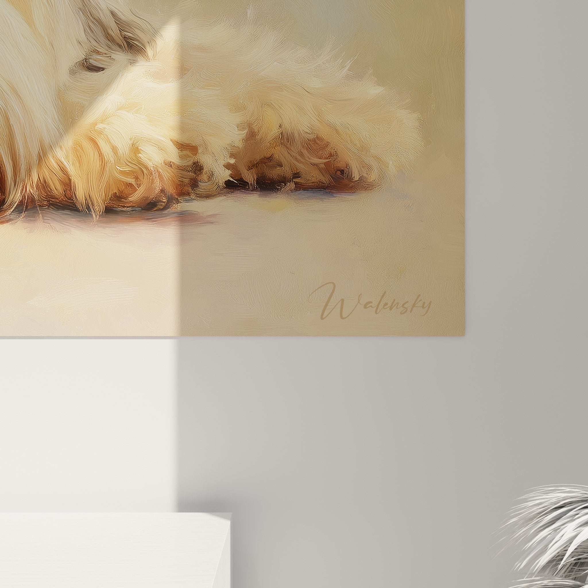 Gesamtansicht des nachdenklichen Briard-Gemäldes - warme Farbpalette in Ocker, Honig und rosigem Beige