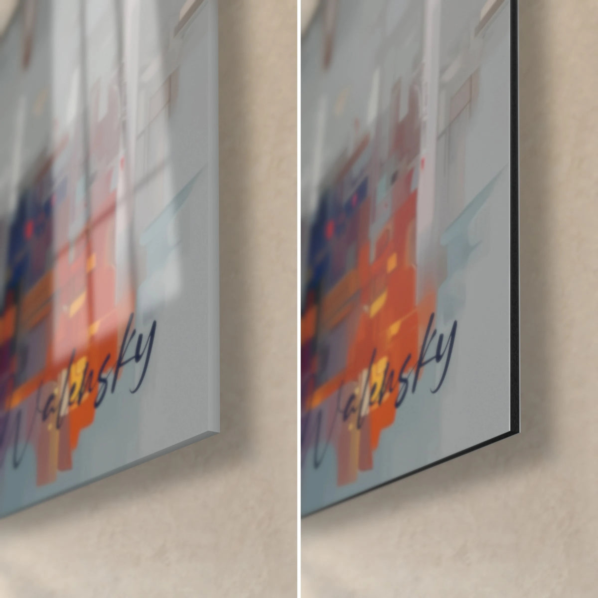Schilderij krokodil in turquoise en oranje mozaïek, rechterhoek onderaan, glanzend acrylglas links, mat Dibond-aluminium rechts