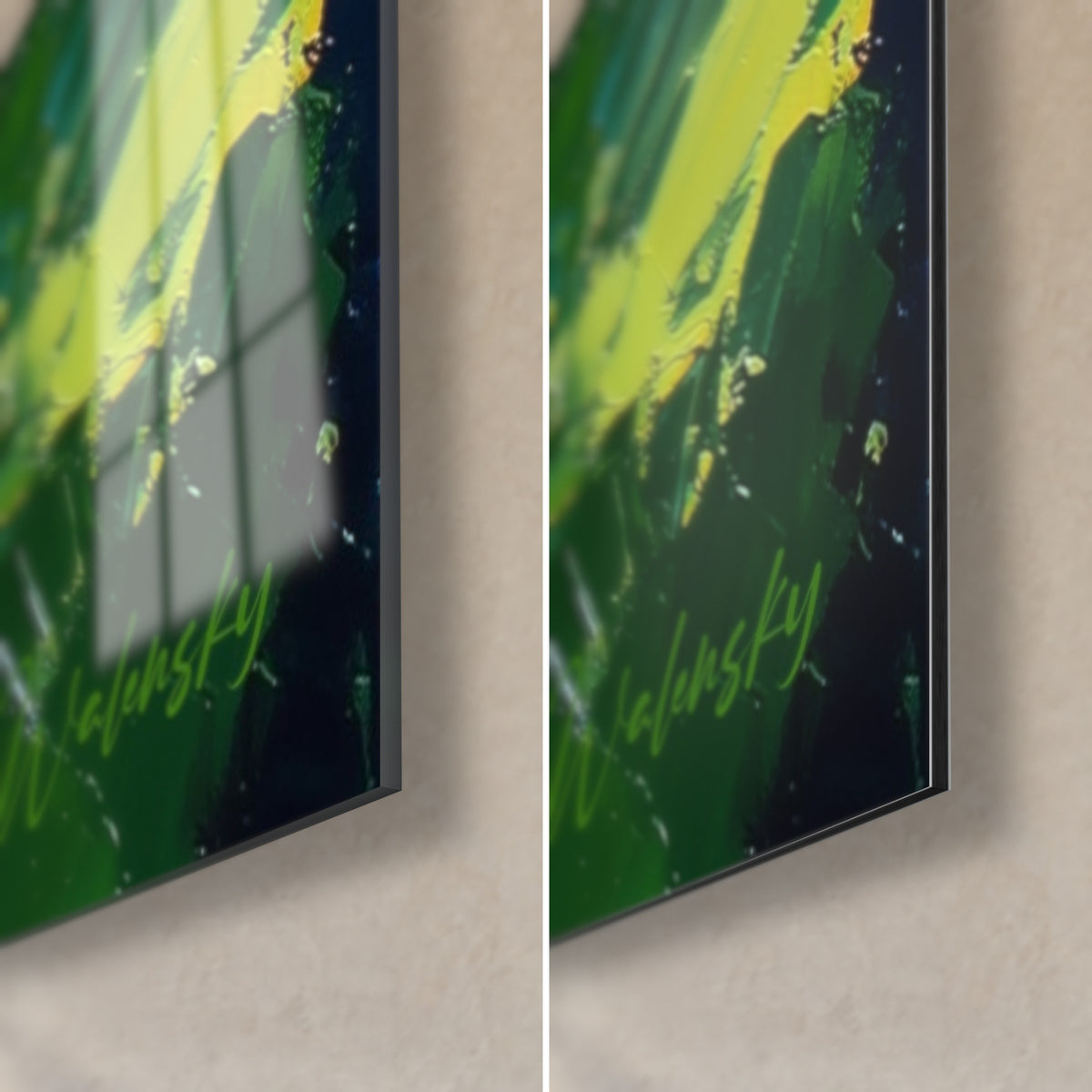 Wall art pink lotus and dark green leaves, bottom right corner: glossy acrylic glass on the left, matte Dibond on the right, 3 mm edge