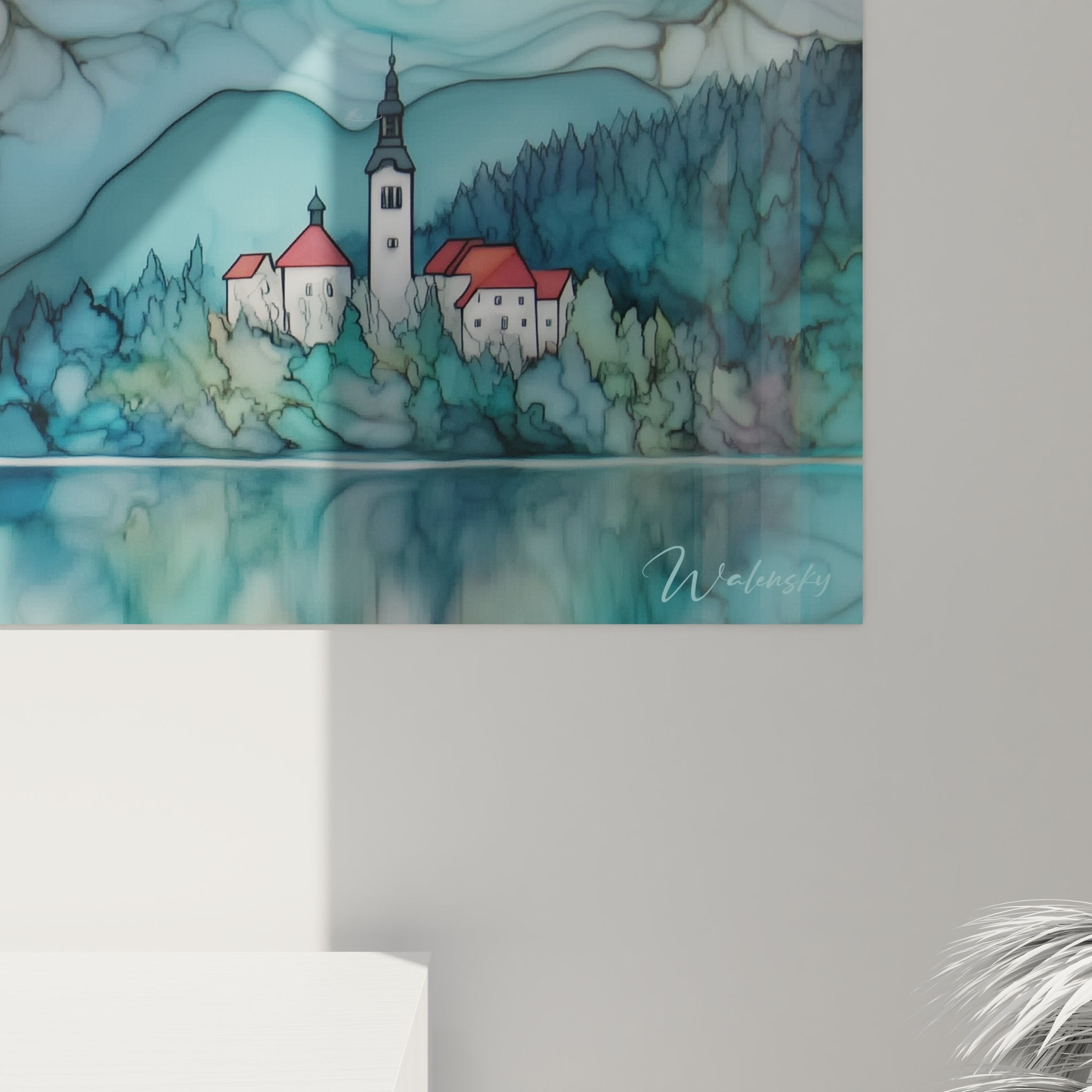 Vue ensemble toile paysage lac de Bled Slovénie, œuvre d'art murale format panoramique