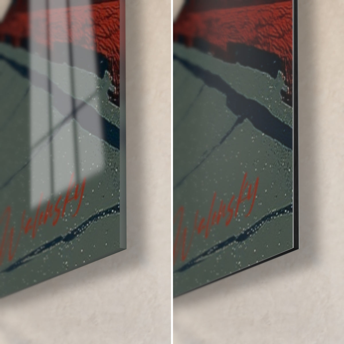 Wall art vermilion torii gate, bottom right corner: glossy glass with reflections on the left, matte Dibond on the right, grey-green path, 3 mm thickness