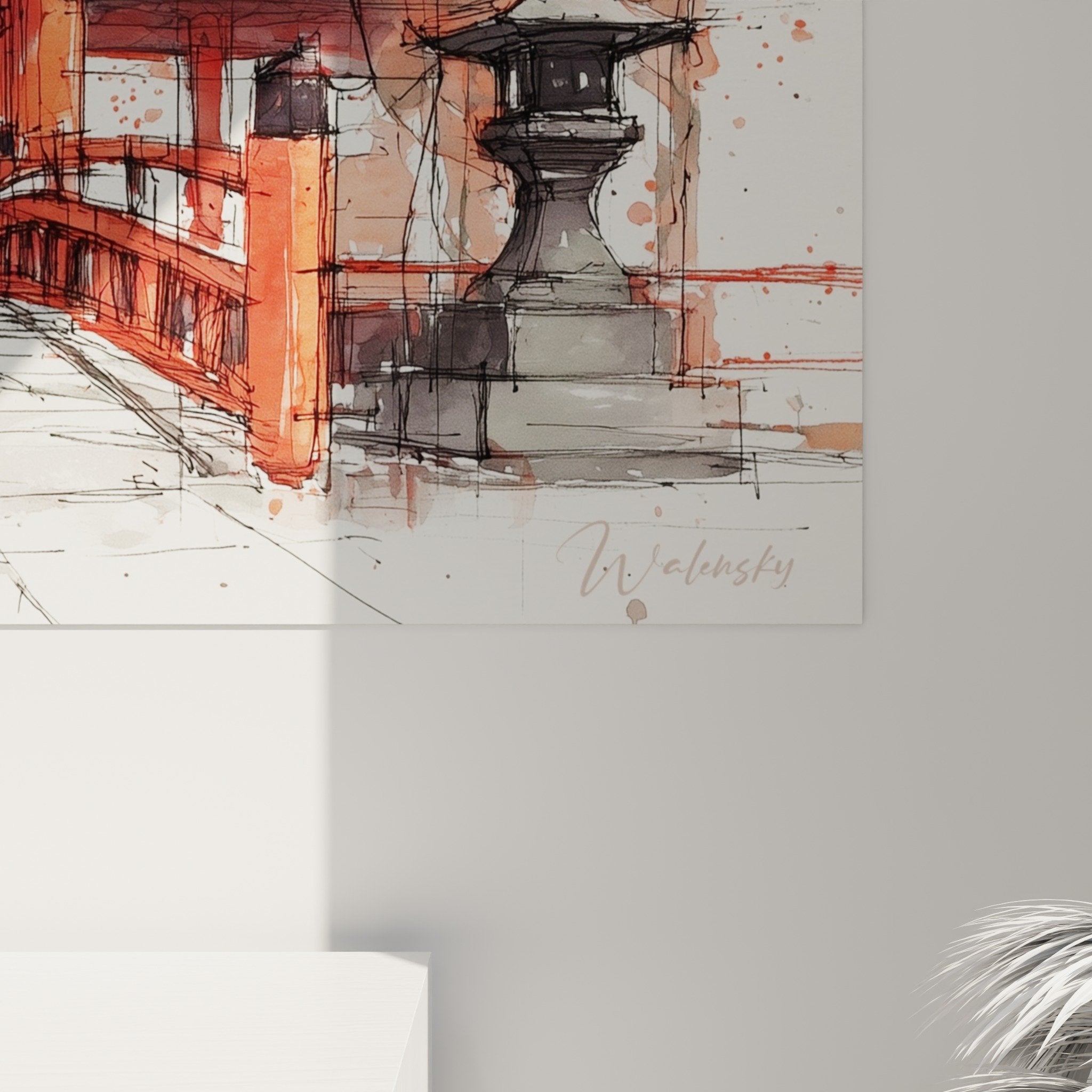 Overview of vermillion red torii gate artwork with lanterns and human silhouettes
