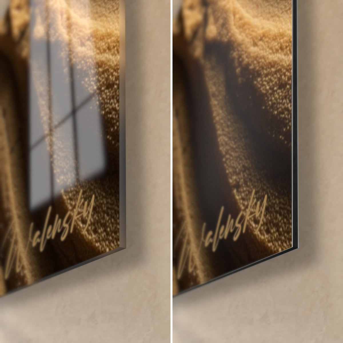 Cuadro espiral mineral ocre y marrón, esquina inferior derecha de vidrio brillante que refleja la ventana, aluminio Dibond mate, canto de 3 mm