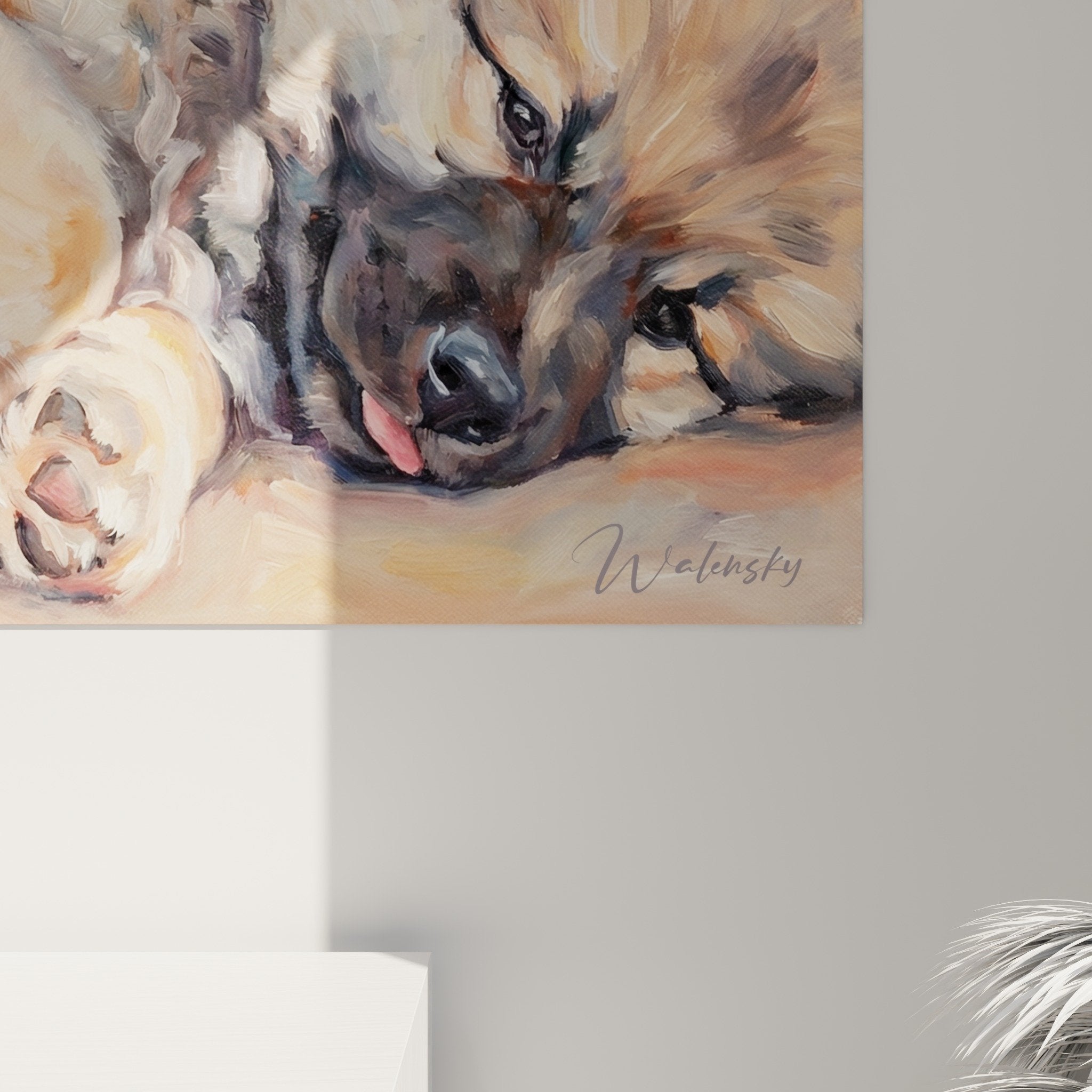 Vue ensemble tableau trio Keeshonds tons oranges roses palette chaleureuse harmonie familiale canine