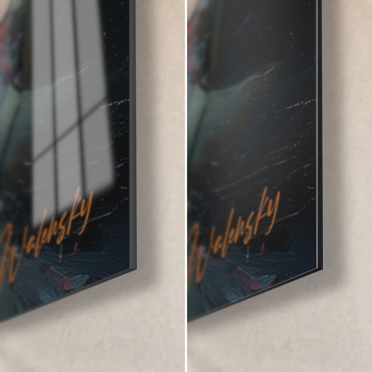 Gemälde Torii-Tunnel in Zinnoberrot, unten rechts: glänzendes Acrylglas mit Reflexionen und mattschwarzes Dibond-Aluminium, 3 mm Kante