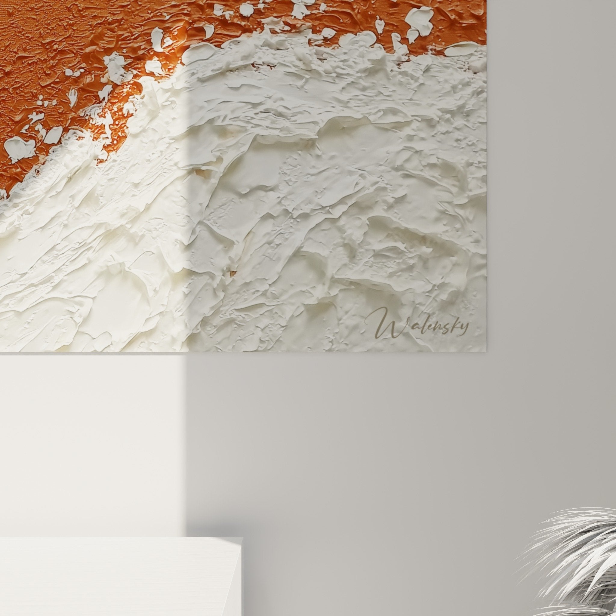 Vue ensemble tableau vague marine orange blanc texture relief decoration feng shui centre terre