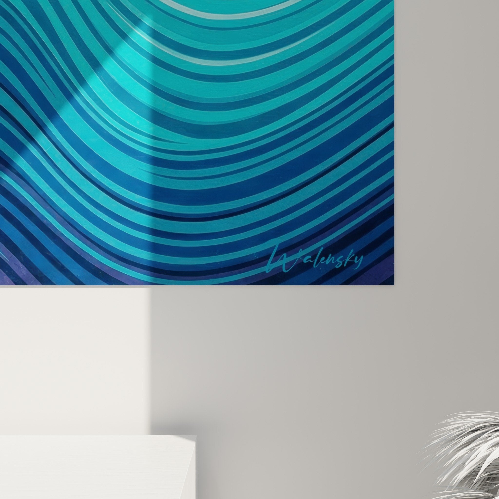 Vue ensemble tableau vagues geometriques bleues decoration interieur moderne