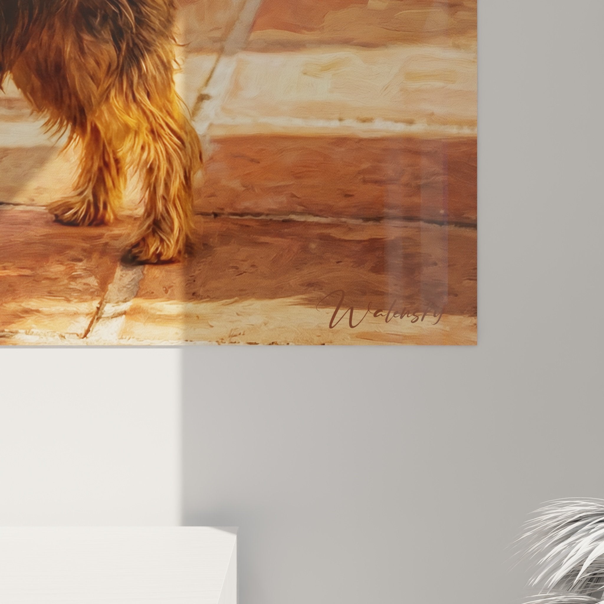 Vue d'ensemble tableau Yorkshire Terrier lumiere doree decoration interieur chaleureux