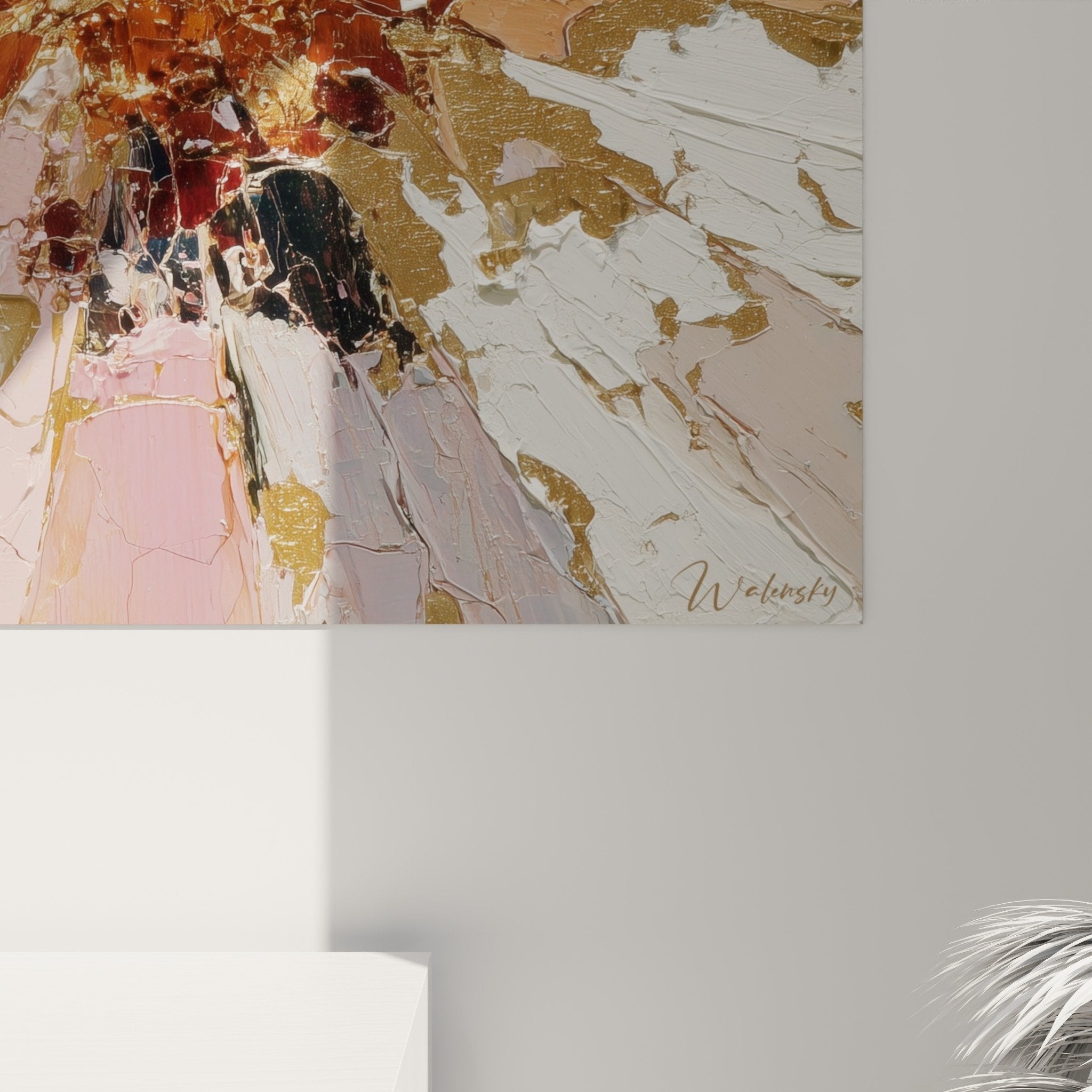 Complete view of chromatic golden pink explosion artwork feng shui southwest earth wall decoration