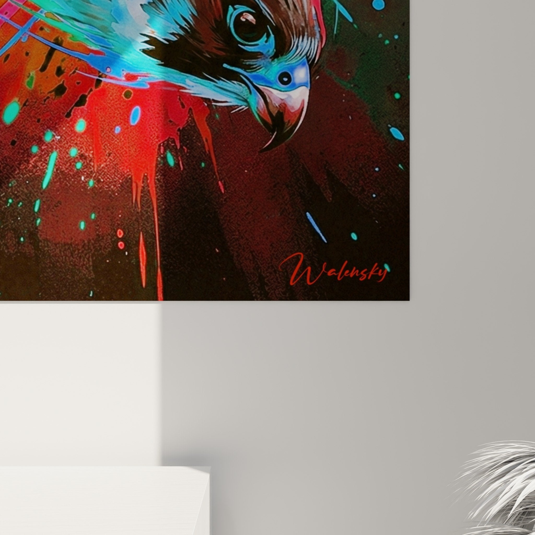 Gesamtansicht Falke Gemälde Wandkunst dekorativ explosive Farben moderner Street-Art-Stil