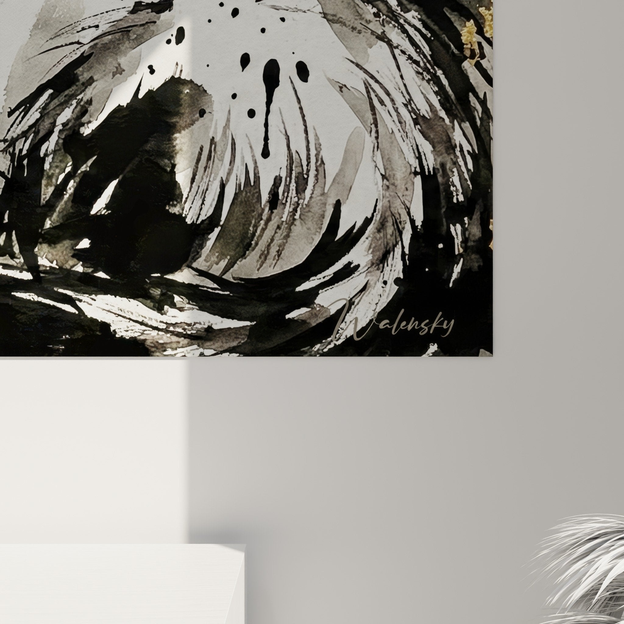 Gesamtansicht Frettchen-Gemälde in Schwarz-Weiß-Gold, moderner Stil, goldene Risse, zeitgenössische Wandkunst