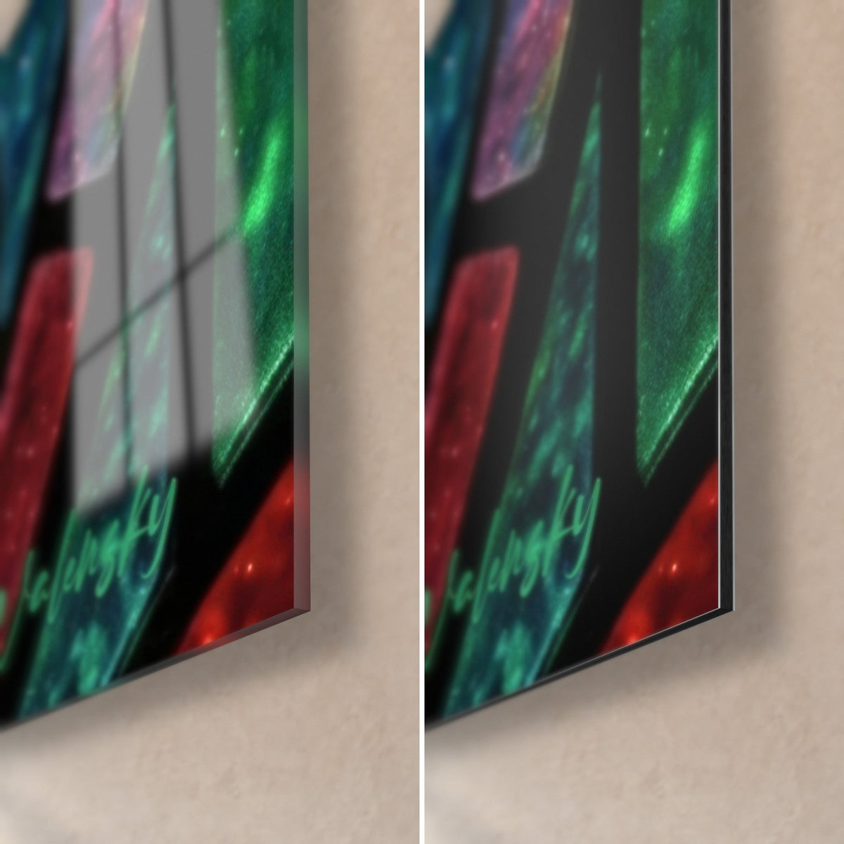 Wall art stained-glass hamster, bottom right corner: glossy acrylic glass on the left, matte black Dibond on the right, 3 mm edge