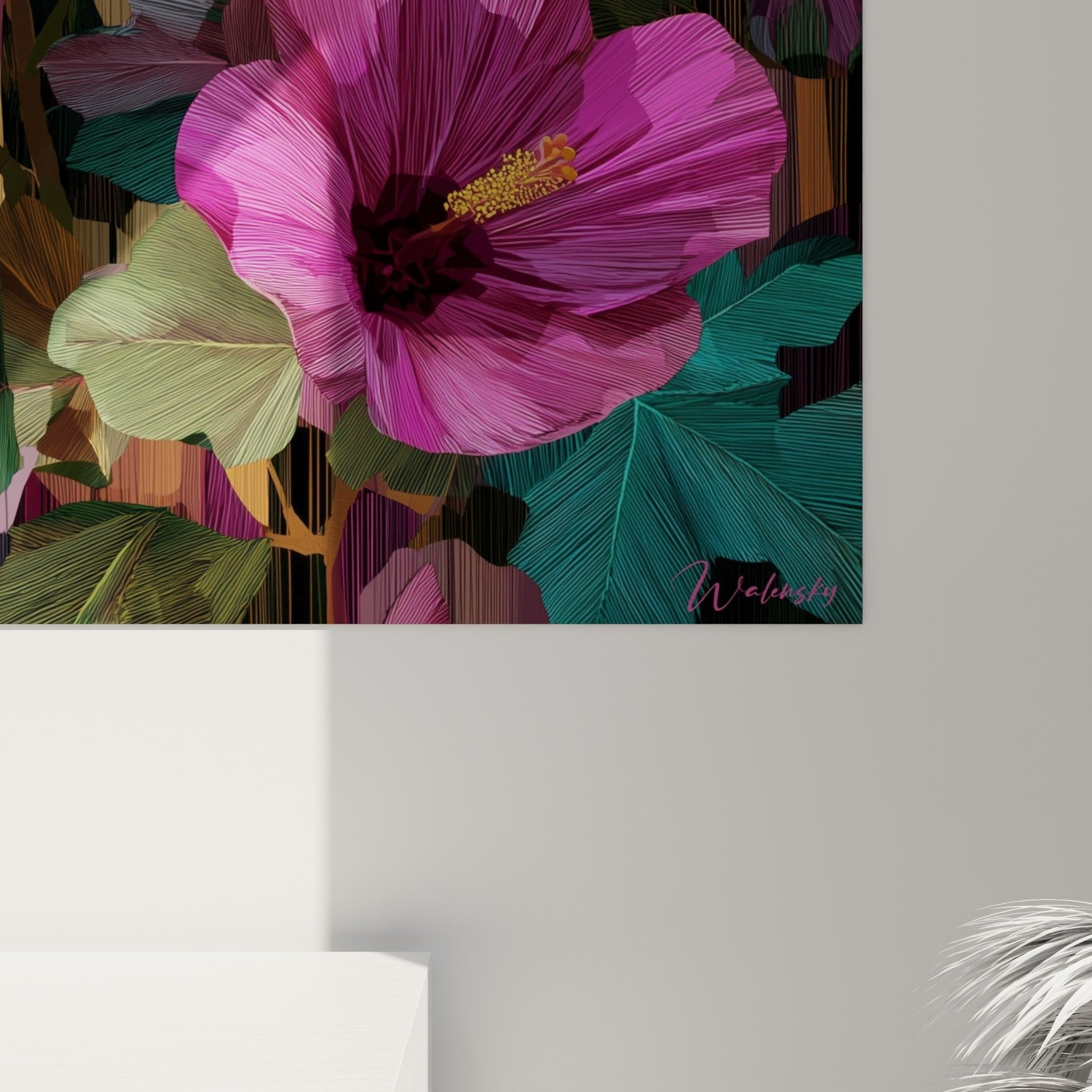 Hibiscus tropical purple pink flowers multicolored background feng shui southeast wood full view