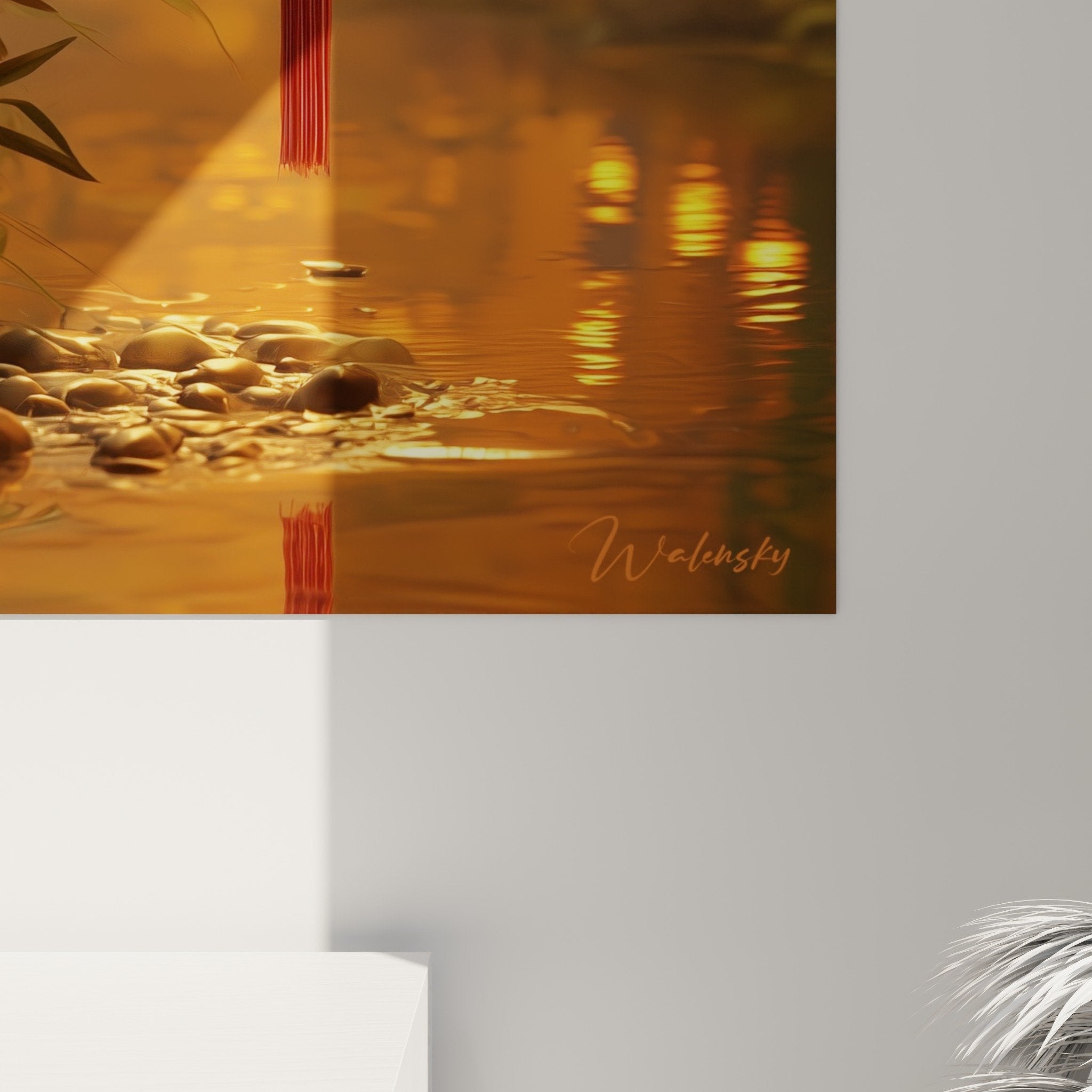 Vue ensemble tableau lanterne orientale lumineuse jardin zen bambous decoration interieur paisible