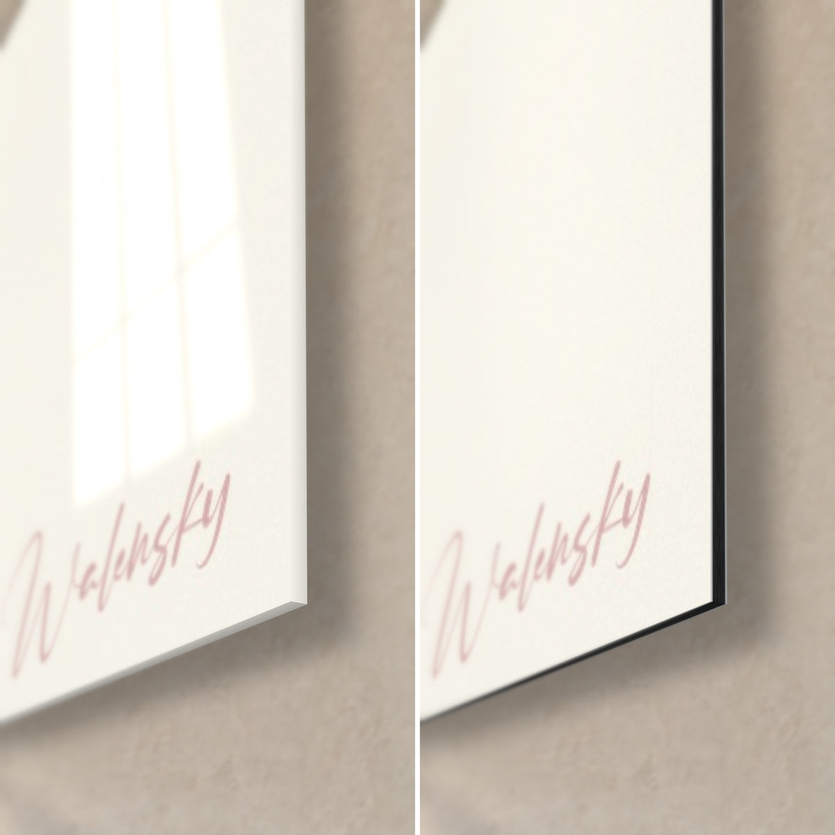 Wall art Oriental light fixture with coppery reflections, bottom right corner: glossy acrylic glass on the left, matte black Dibond aluminium on the right, 3 mm edge
