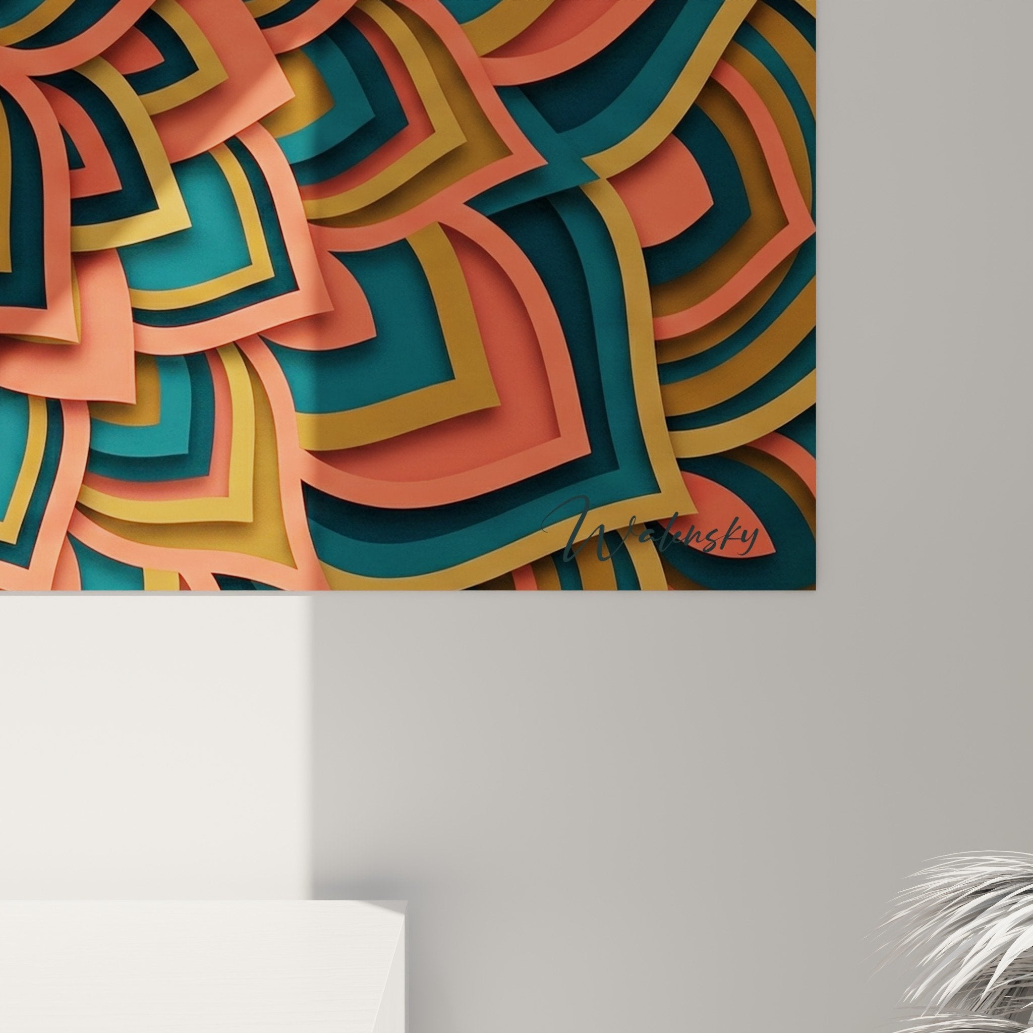 Vue ensemble mandala floral corail turquoise relief art mural decoratif zen moderne geometrie concentrique