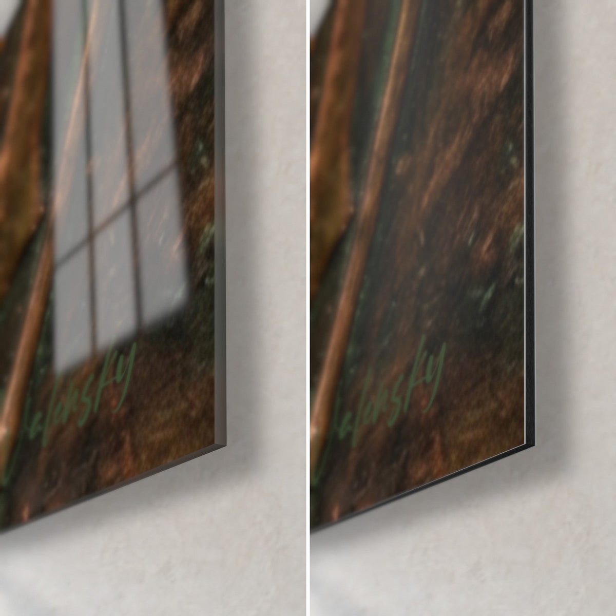 Cuadro placa de cobre martillado, esquina inferior derecha: cristal acrílico brillante con reflejos de ventana a la izquierda, Dibond mate marrón a la derecha, canto de 3 mm