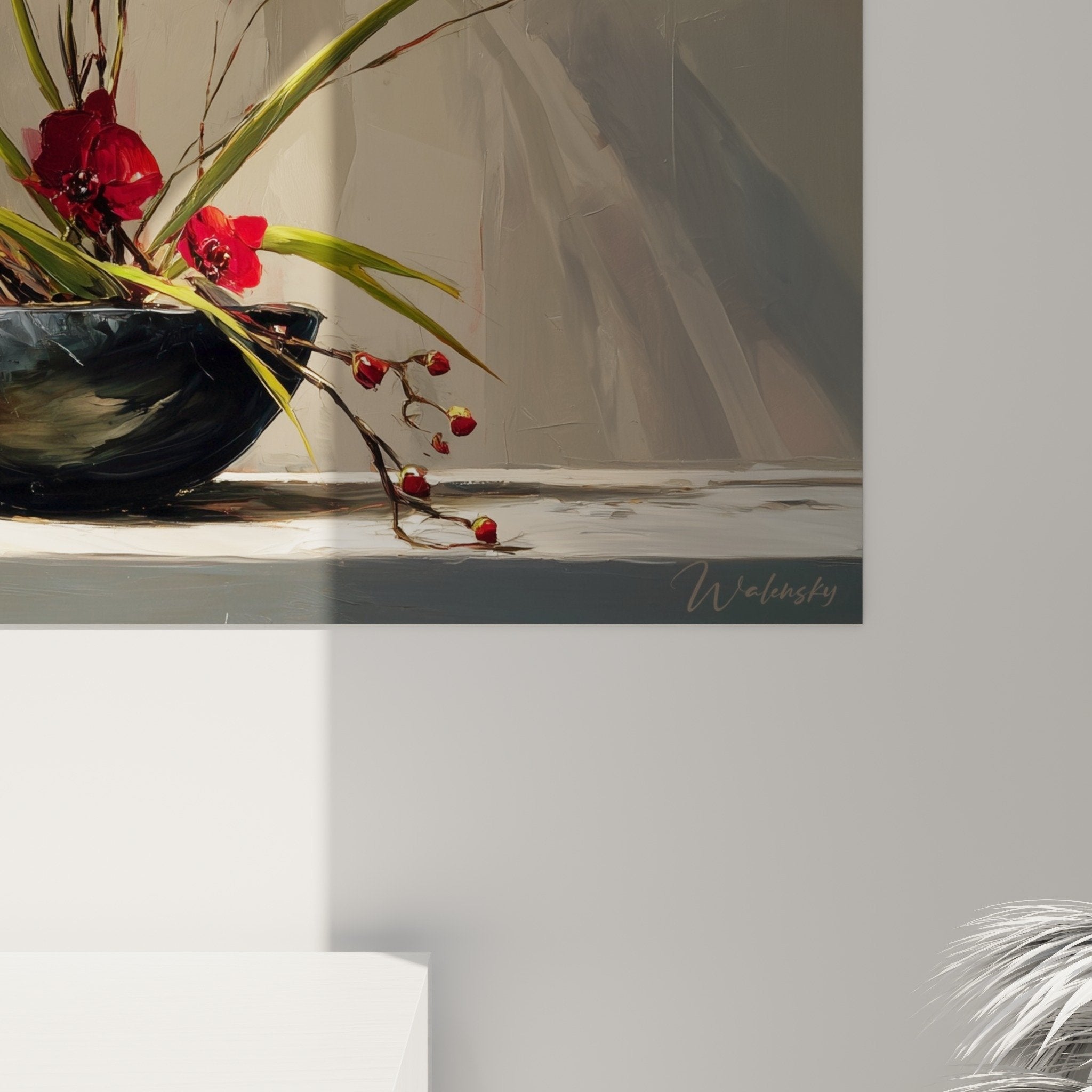 Overall view red orchid black vase ikebana wall art floral design decoration