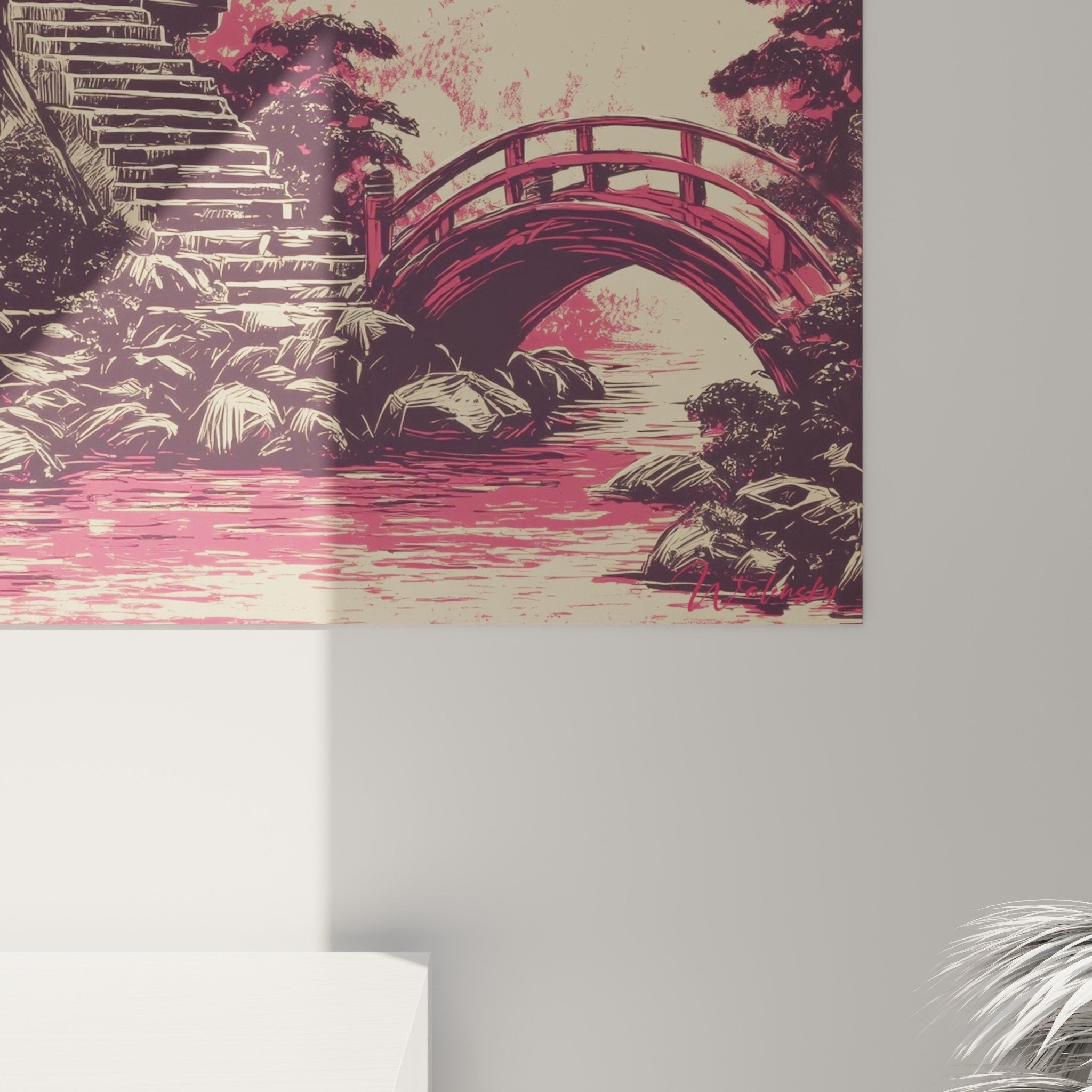 Vue ensemble tableau pagode japonaise rose beige pont arqué végétation luxuriante style estampe orientale zen