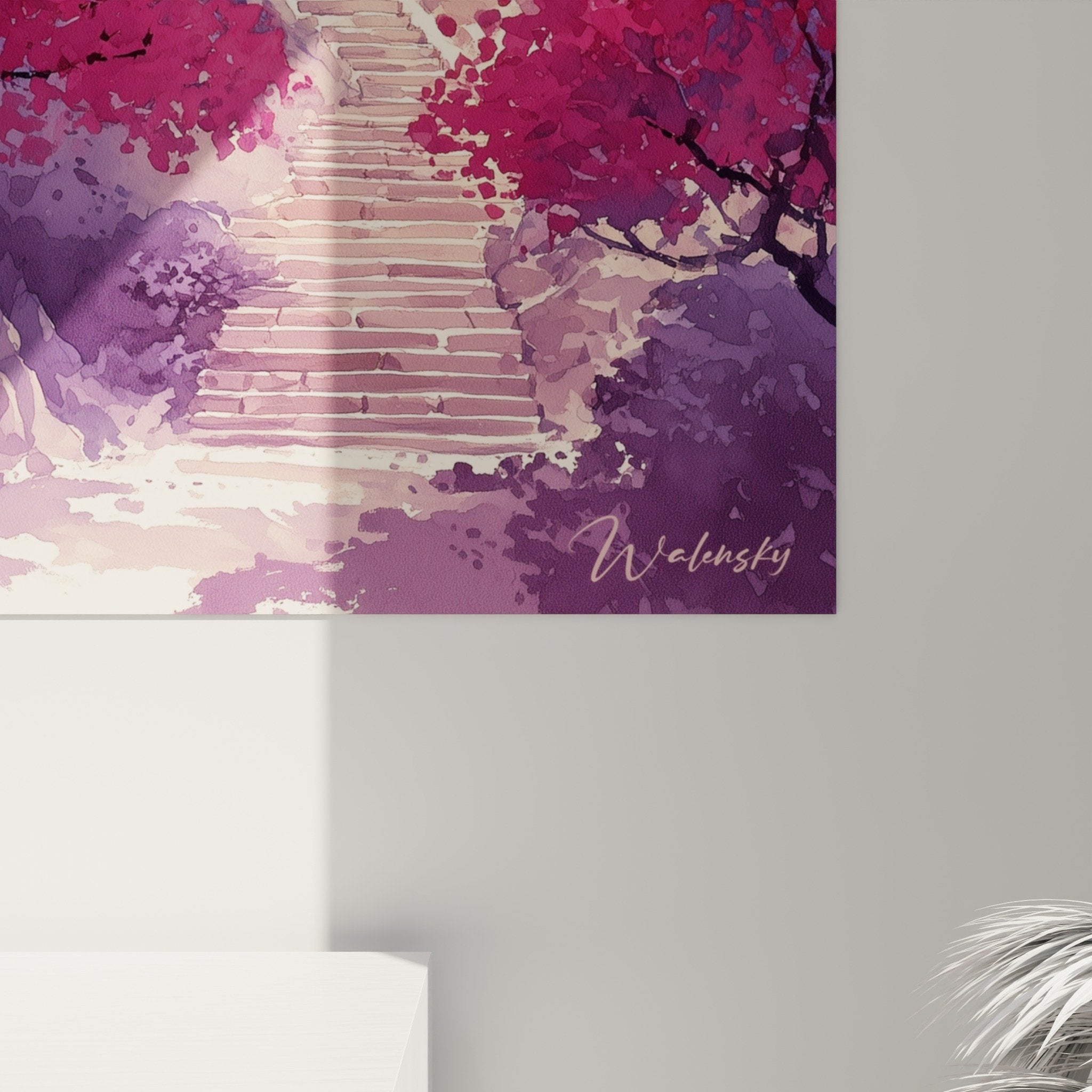Pagoda Japanese wall art Mount Fuji cherry blossoms sakura zen wall decoration rose purple overall view